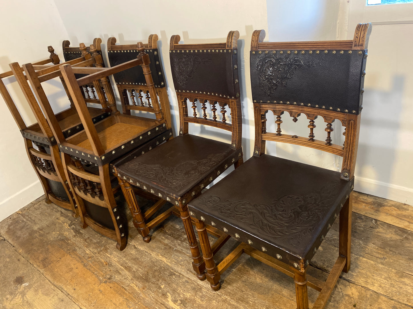 Set of 6 Antique Renaissance Revival Dining Chairs – Embossed Leather