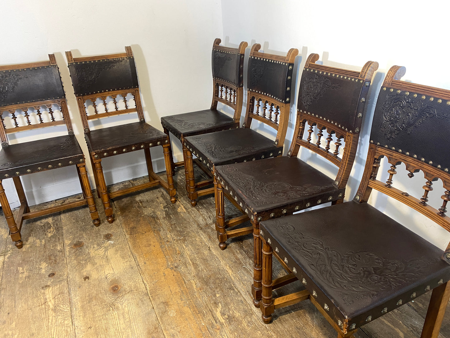Set of 6 Antique Renaissance Revival Dining Chairs – Embossed Leather