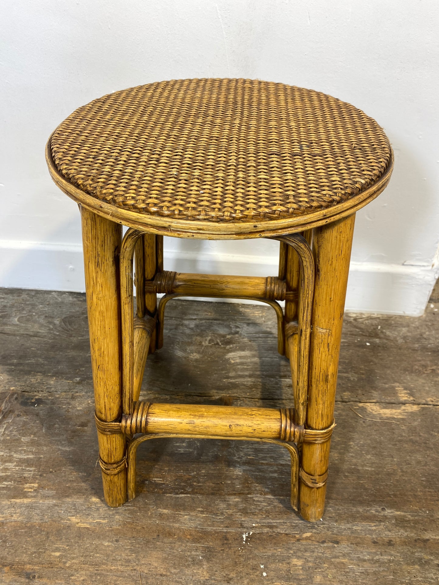 Vintage Rattan & Cane Stool – Mid-Century Coastal Style