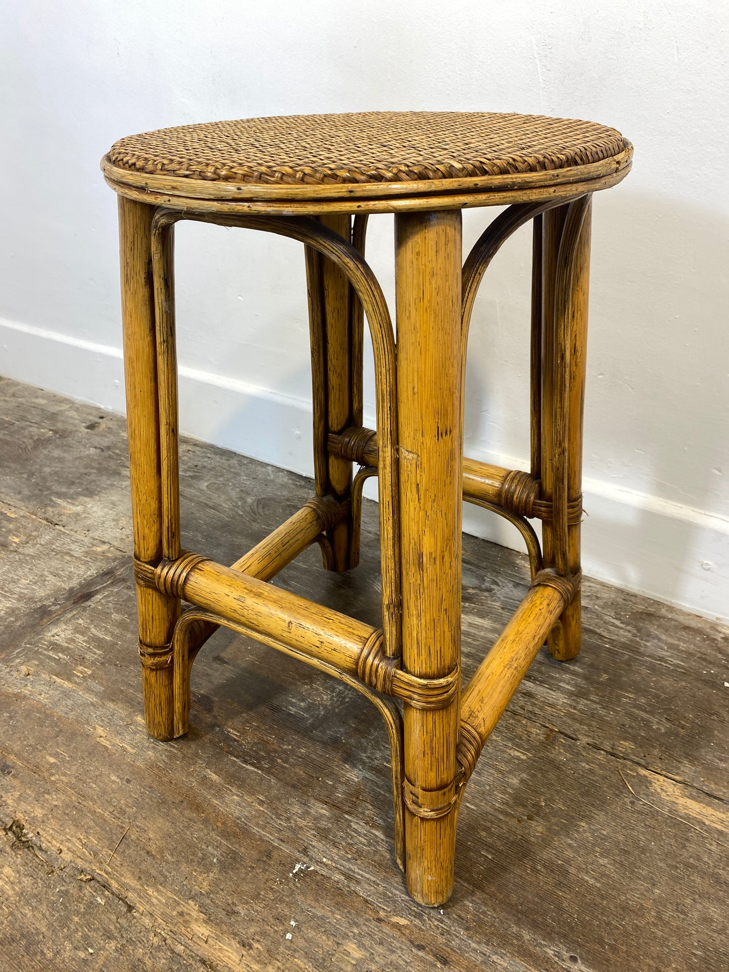 Vintage Rattan & Cane Stool – Mid-Century Coastal Style