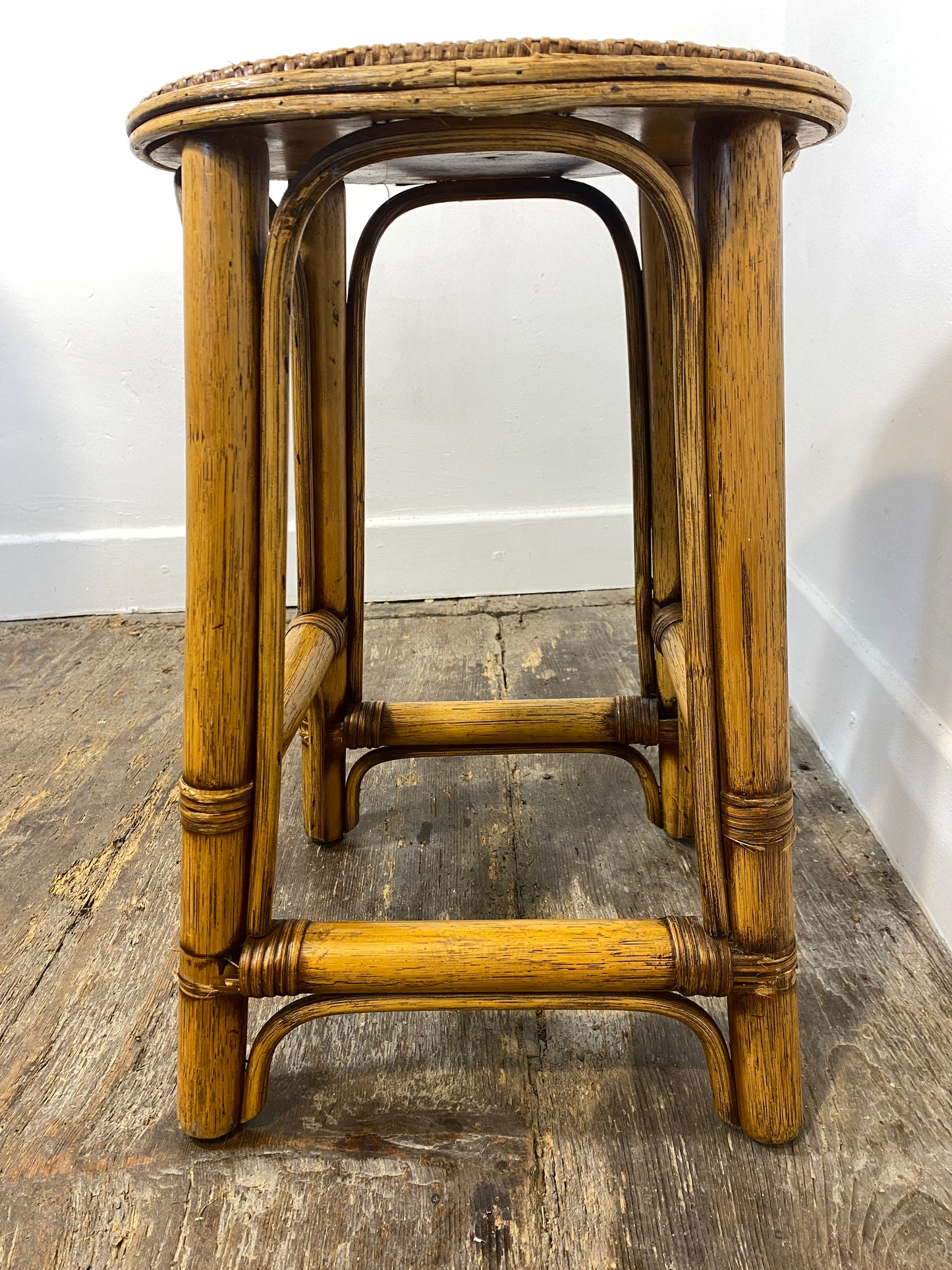 Vintage Rattan & Cane Stool – Mid-Century Coastal Style