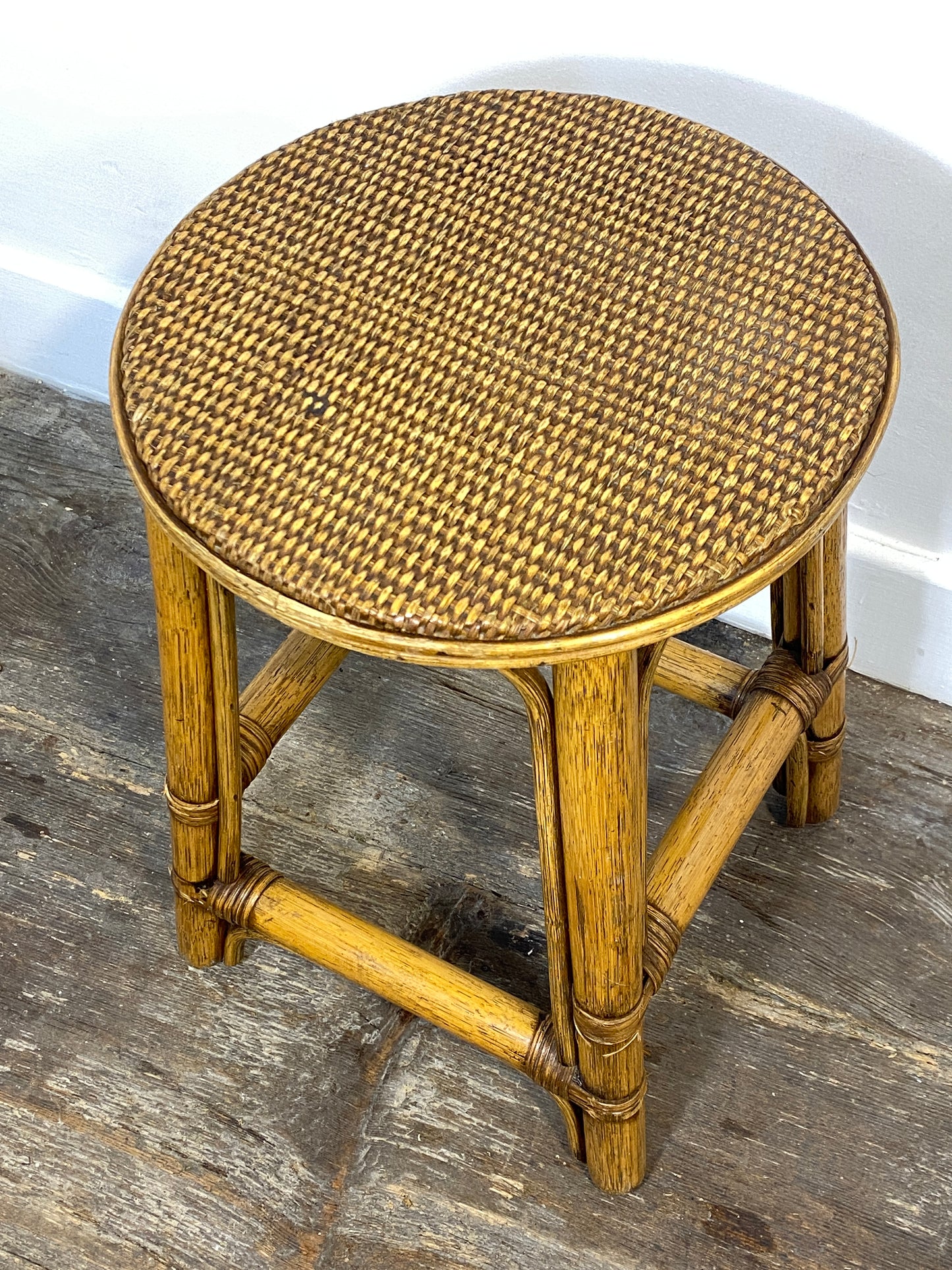 Vintage Rattan & Cane Stool – Mid-Century Coastal Style