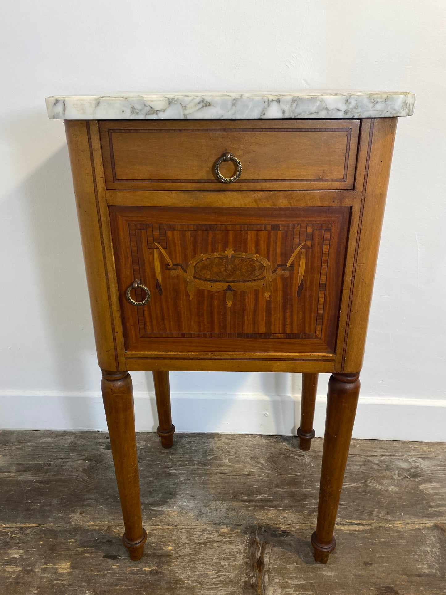 Antique Louis XVI-Style Marble-Top Nightstand with Marquetry