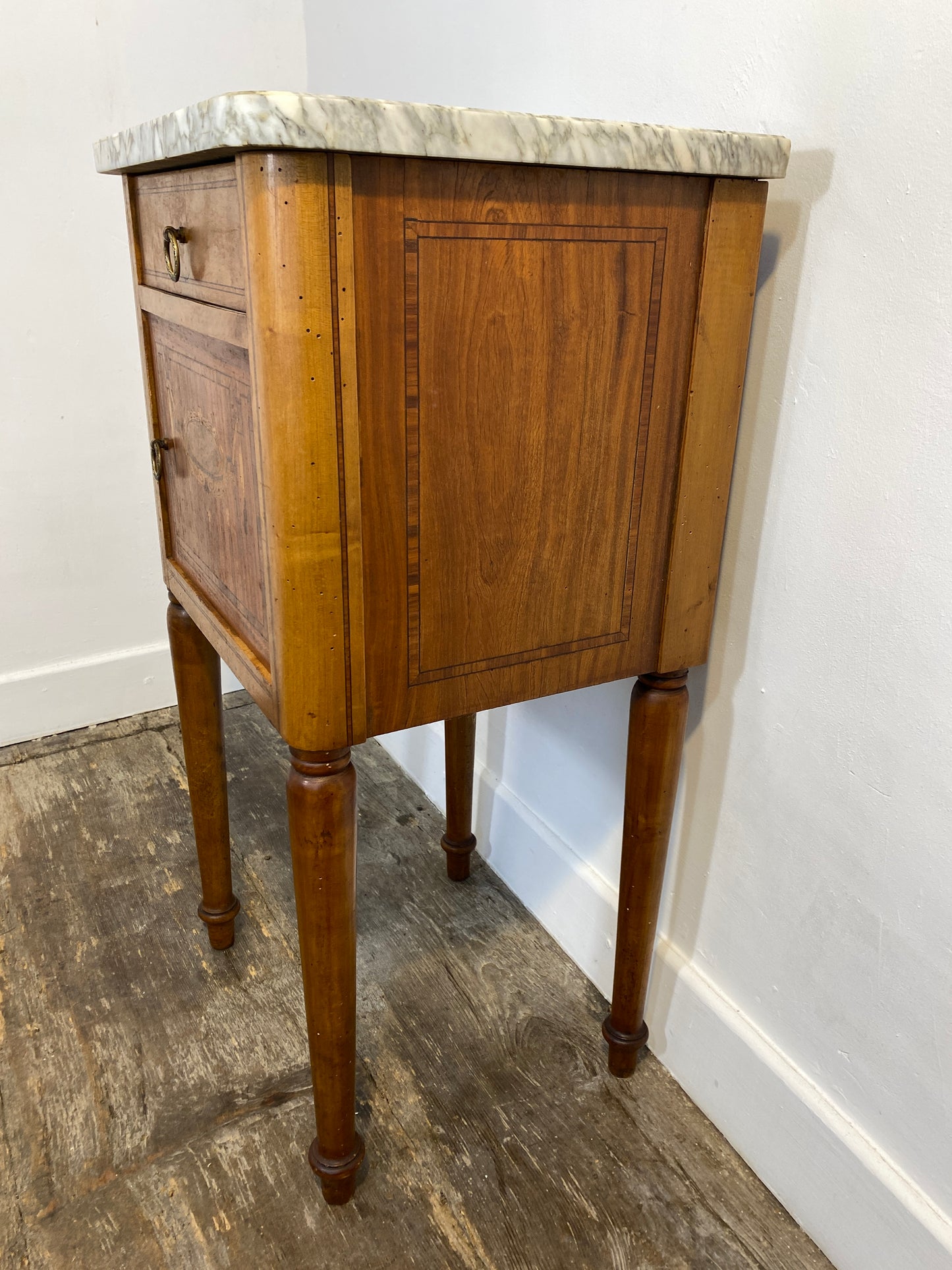 Antique Louis XVI-Style Marble-Top Nightstand with Marquetry