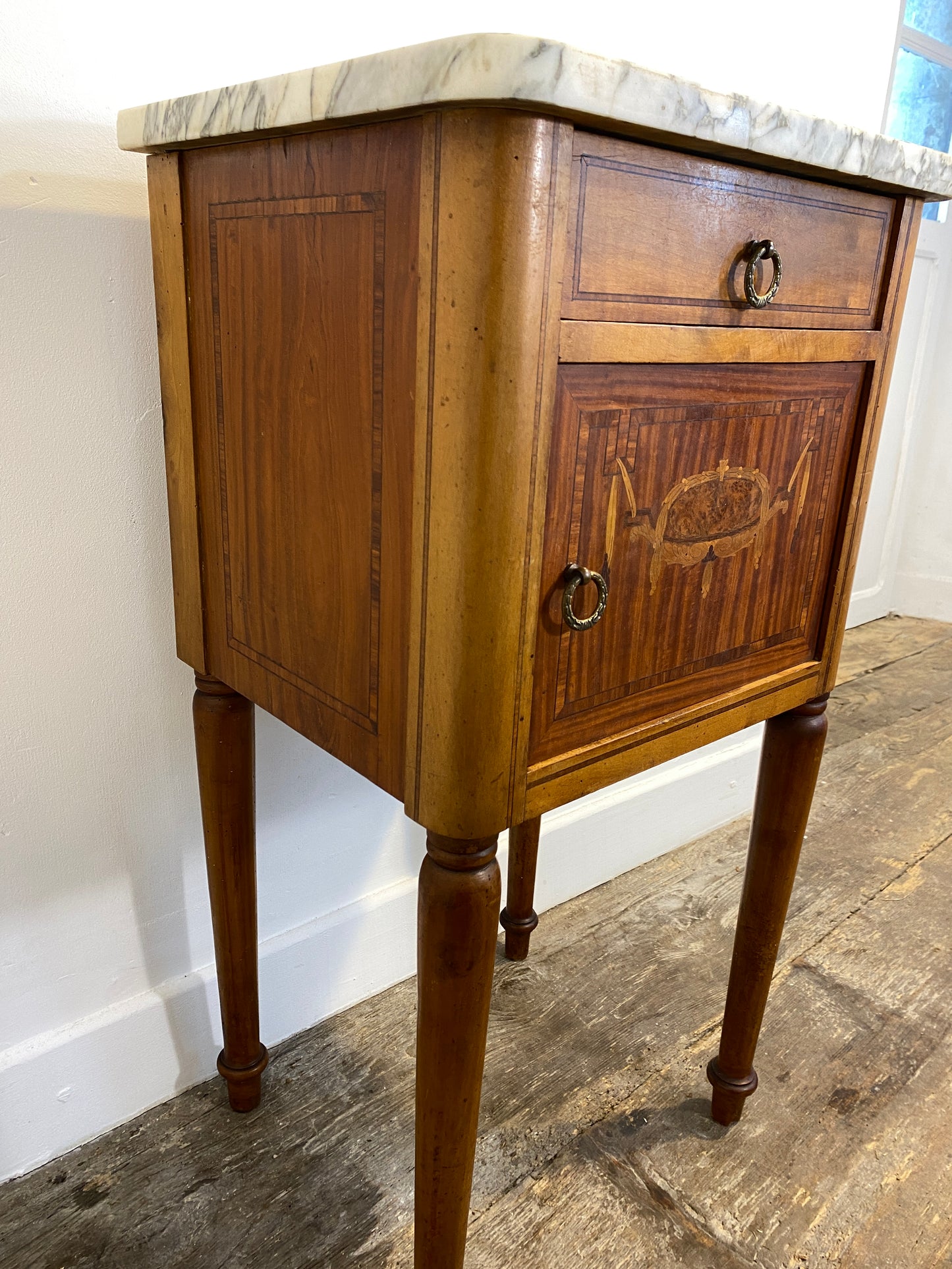 Antique Louis XVI-Style Marble-Top Nightstand with Marquetry