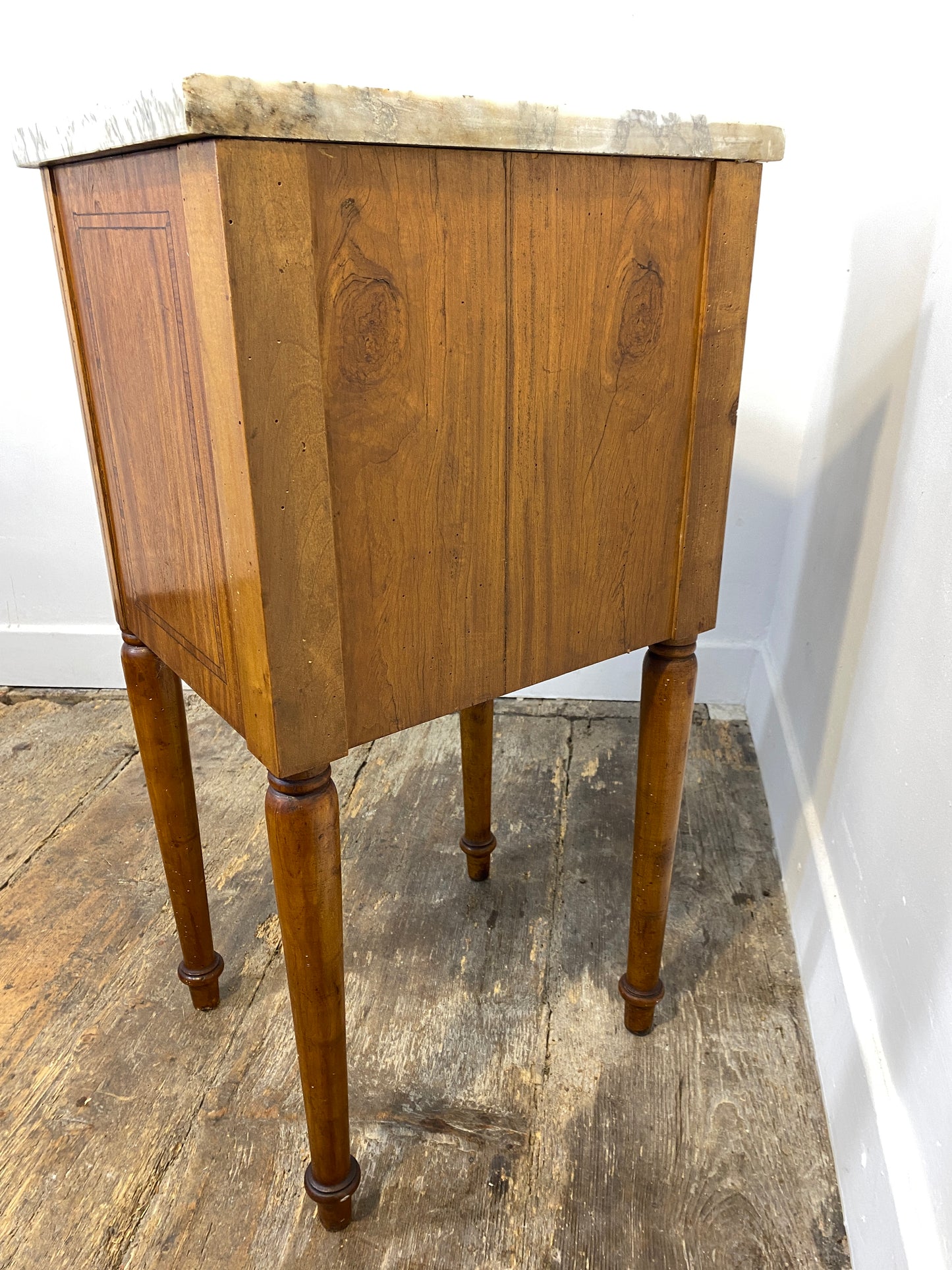 Antique Louis XVI-Style Marble-Top Nightstand with Marquetry
