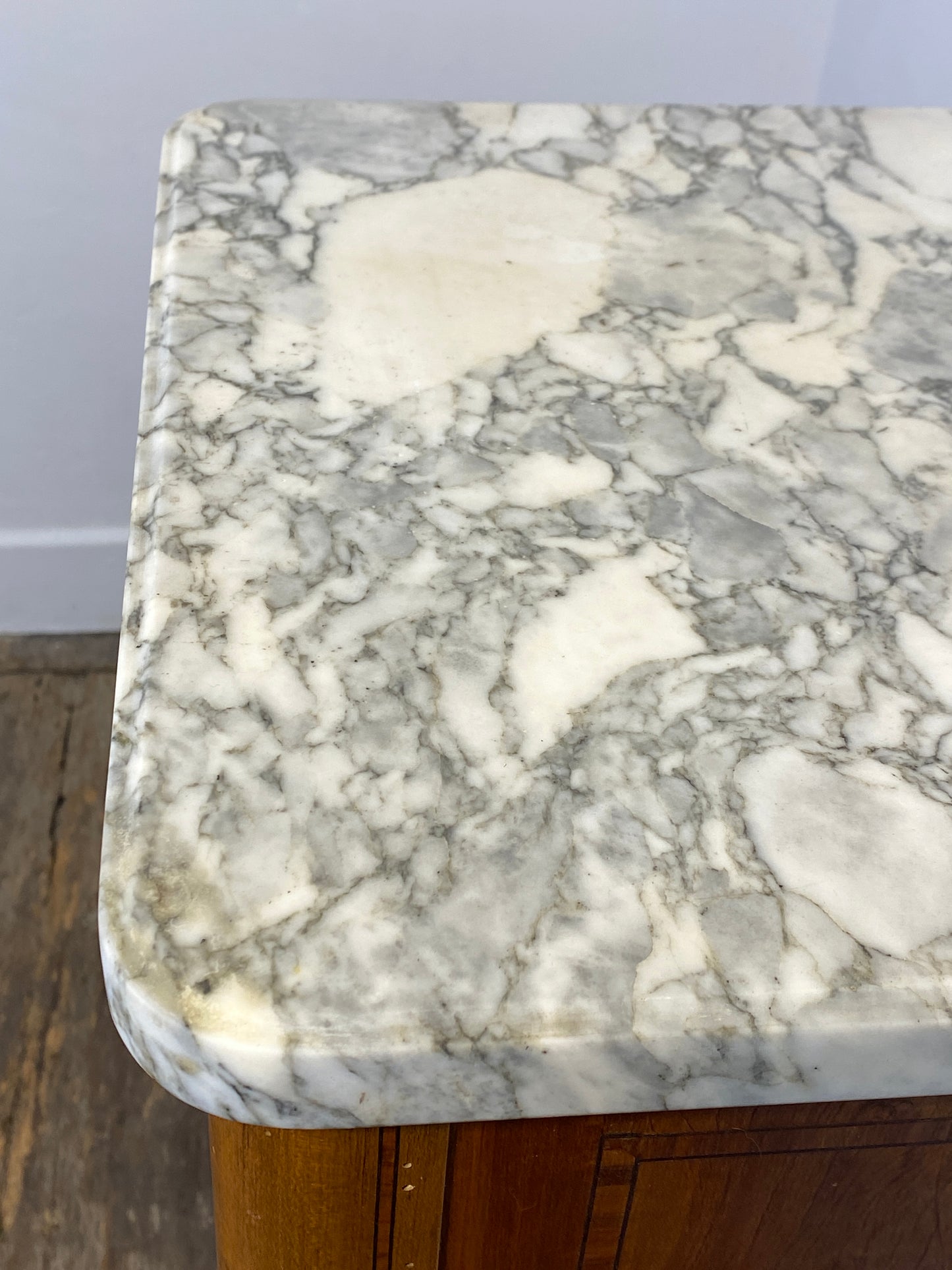 Antique Louis XVI-Style Marble-Top Nightstand with Marquetry