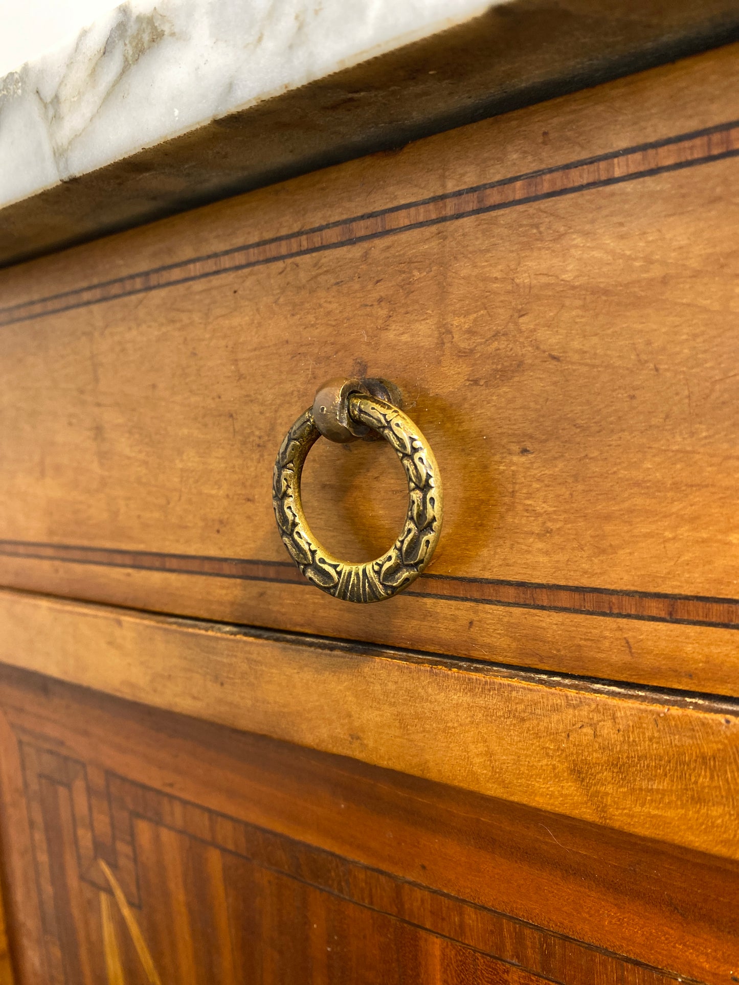 Antique Louis XVI-Style Marble-Top Nightstand with Marquetry