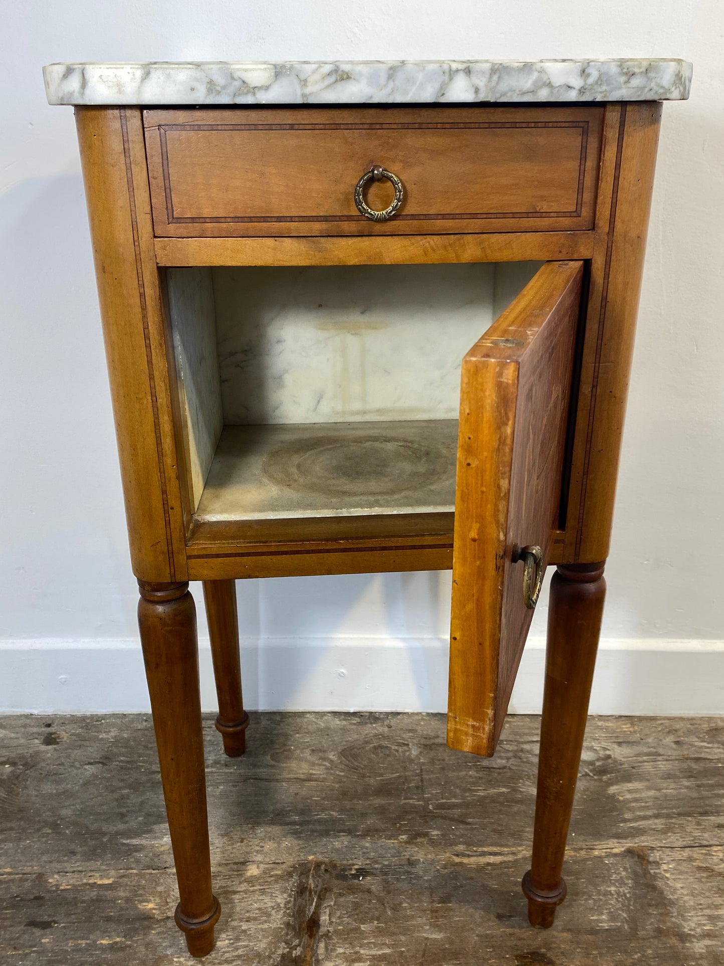 Antique Louis XVI-Style Marble-Top Nightstand with Marquetry