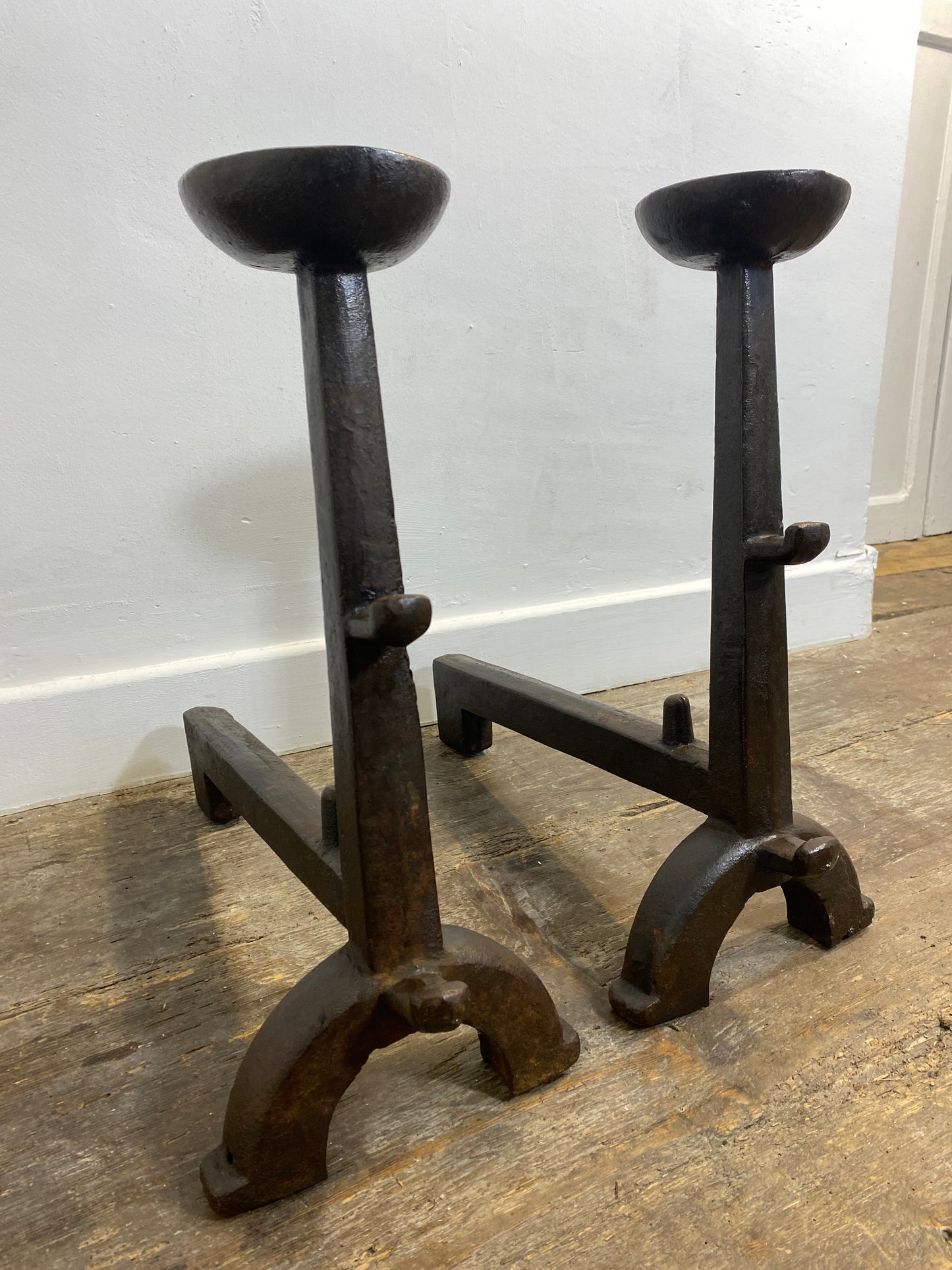 Antique Cast Iron Andirons Rustic 1900s Fireplace Accessories Log Holders Decor