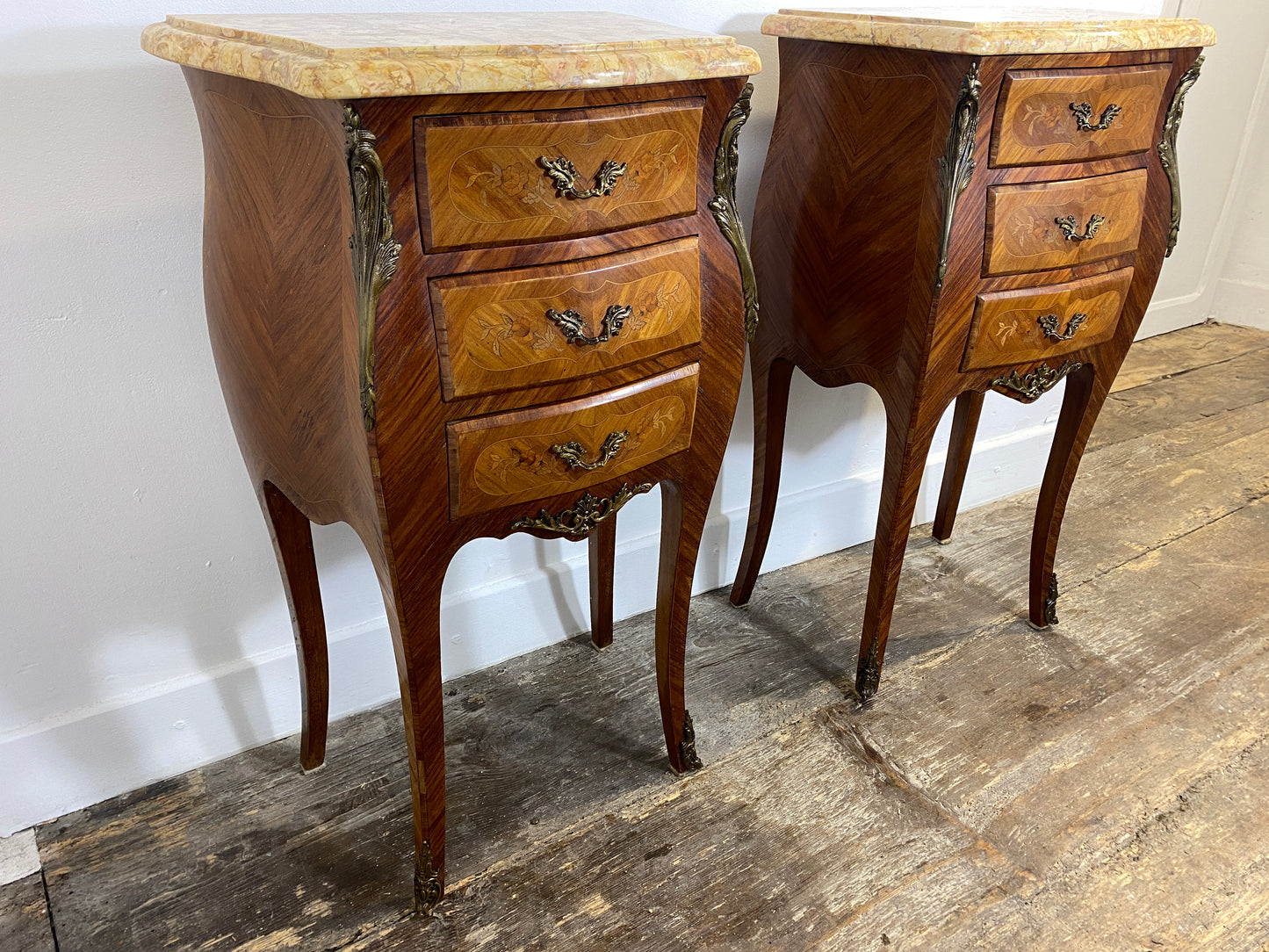 Pair of Louis XV-Style Bedside Cabinets with Marble Tops – Mid-20th Century