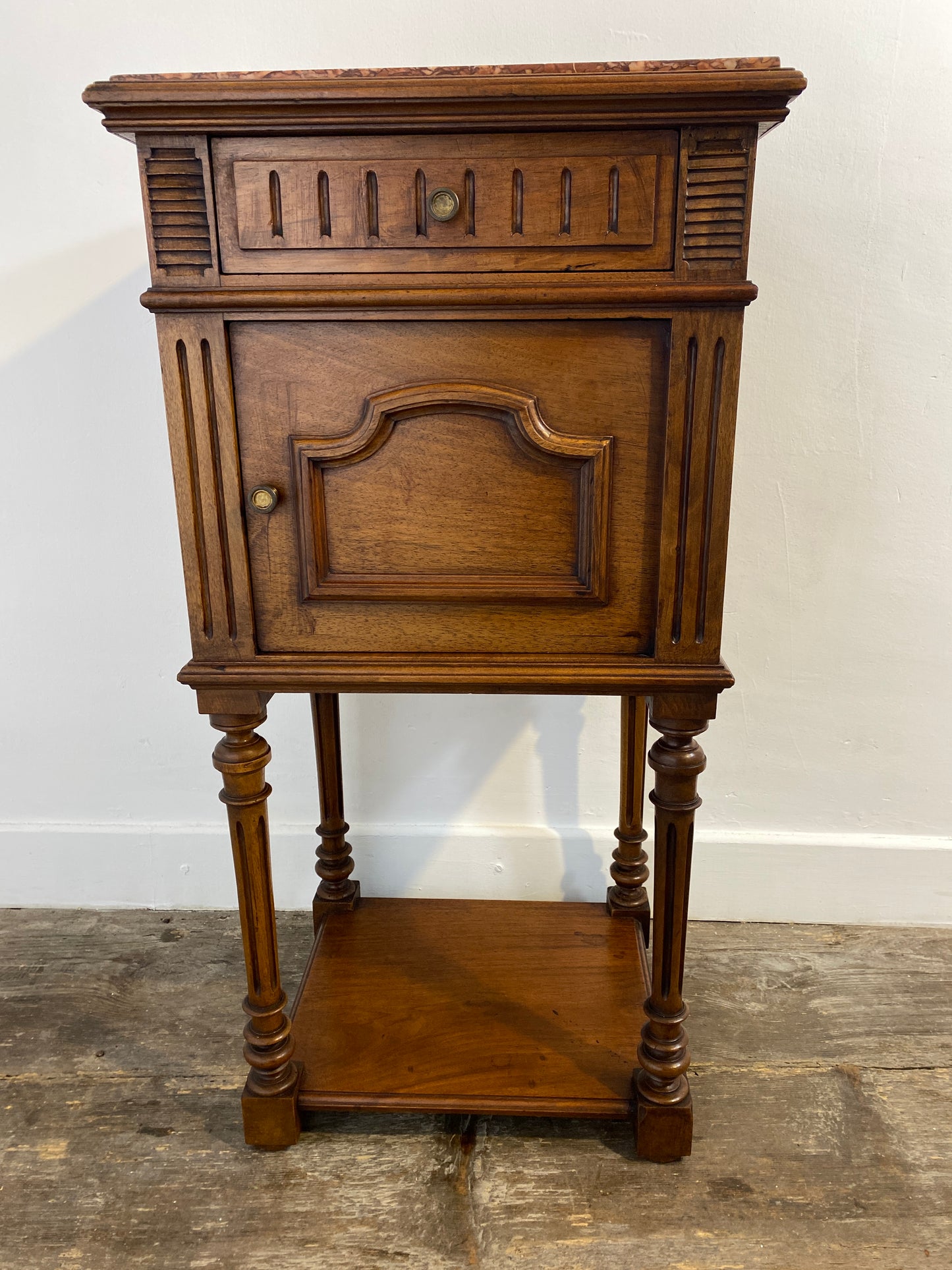 French Louis XVI Style Walnut Bedside Cabinet – Marble Top, 20th Century