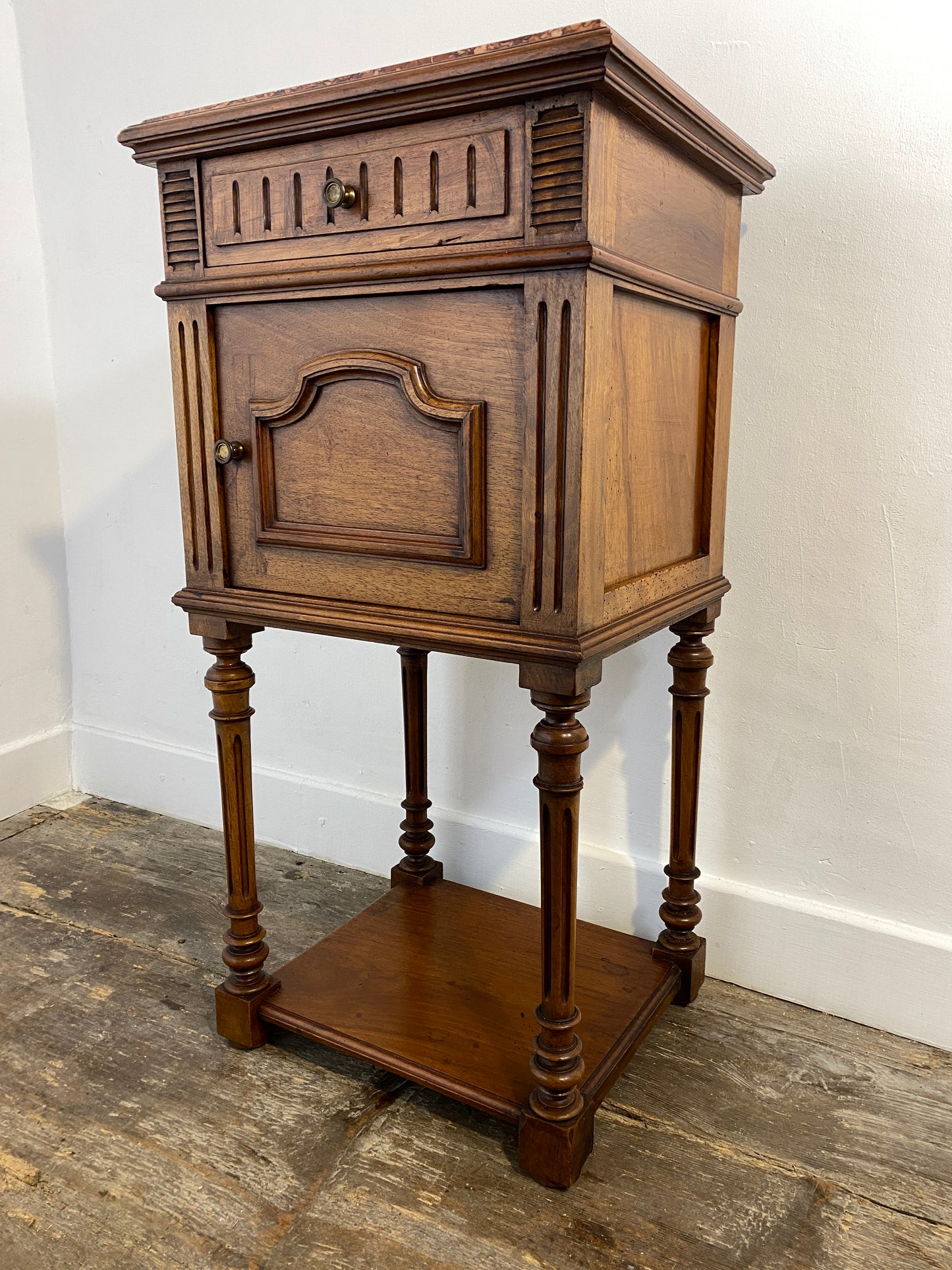 French Louis XVI Style Walnut Bedside Cabinet – Marble Top, 20th Century