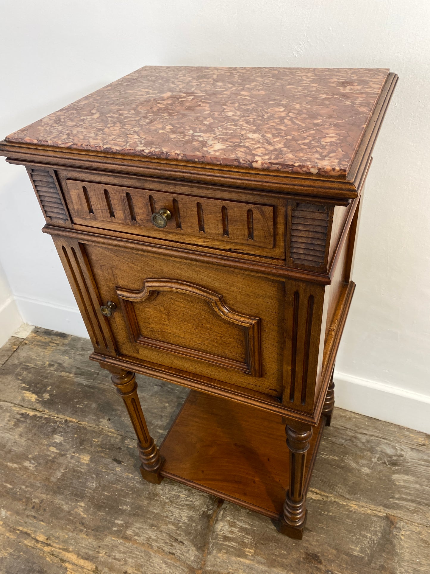 French Louis XVI Style Walnut Bedside Cabinet – Marble Top, 20th Century
