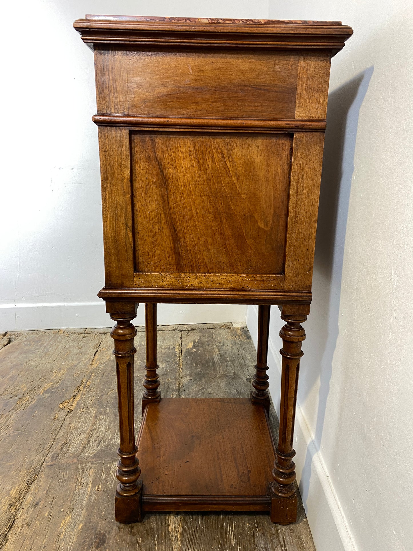 French Louis XVI Style Walnut Bedside Cabinet – Marble Top, 20th Century