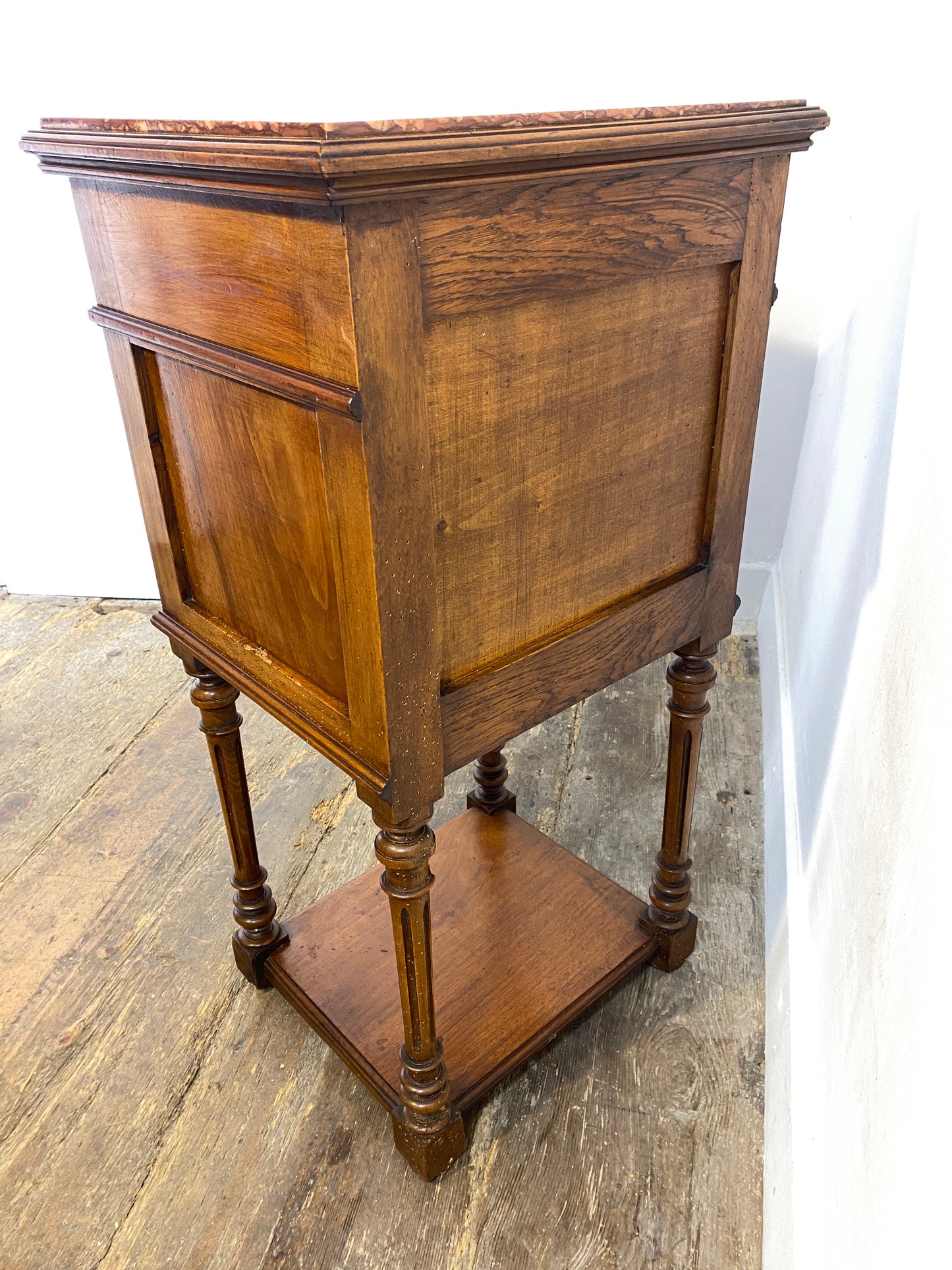 French Louis XVI Style Walnut Bedside Cabinet – Marble Top, 20th Century