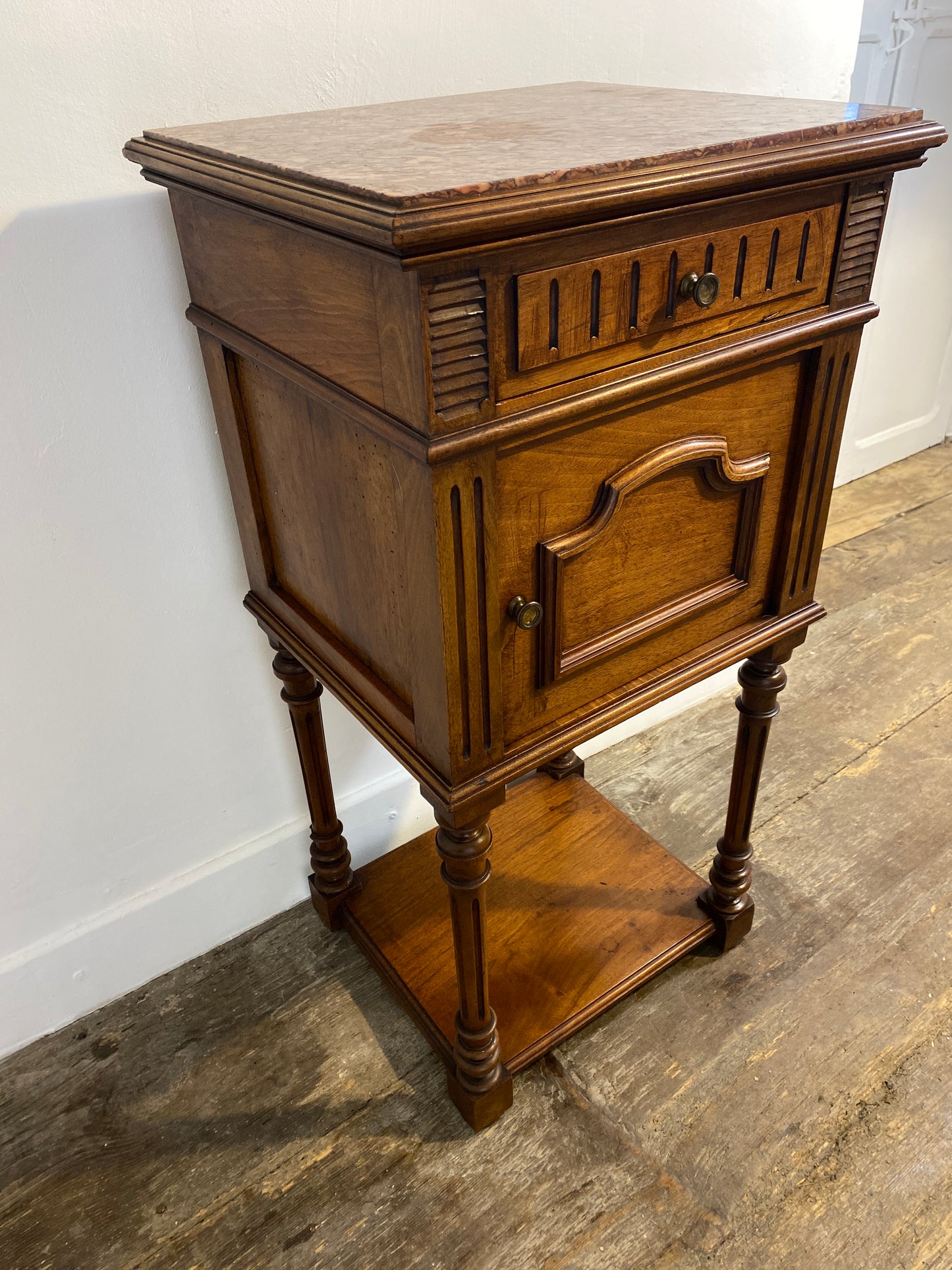 French Louis XVI Style Walnut Bedside Cabinet – Marble Top, 20th Century