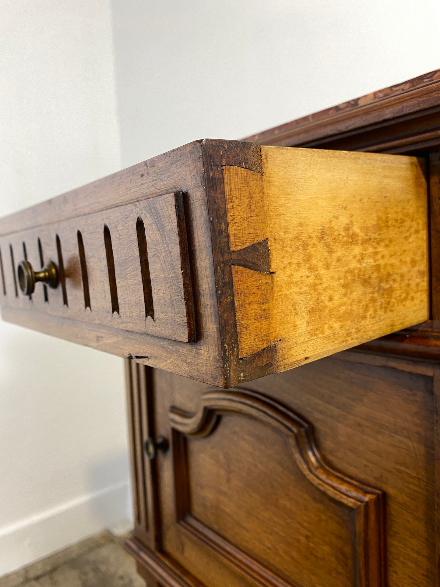 French Louis XVI Style Walnut Bedside Cabinet – Marble Top, 20th Century