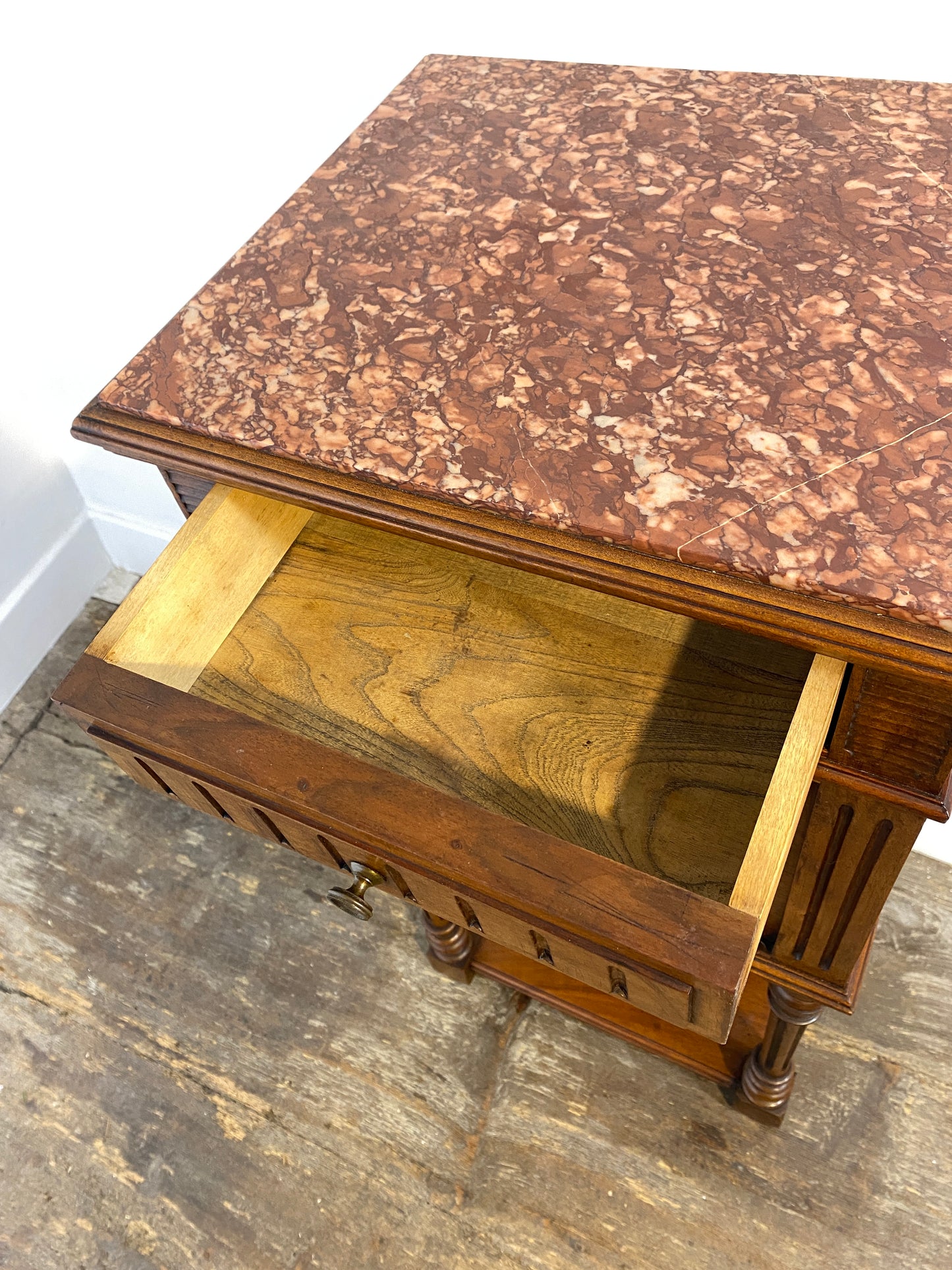 French Louis XVI Style Walnut Bedside Cabinet – Marble Top, 20th Century