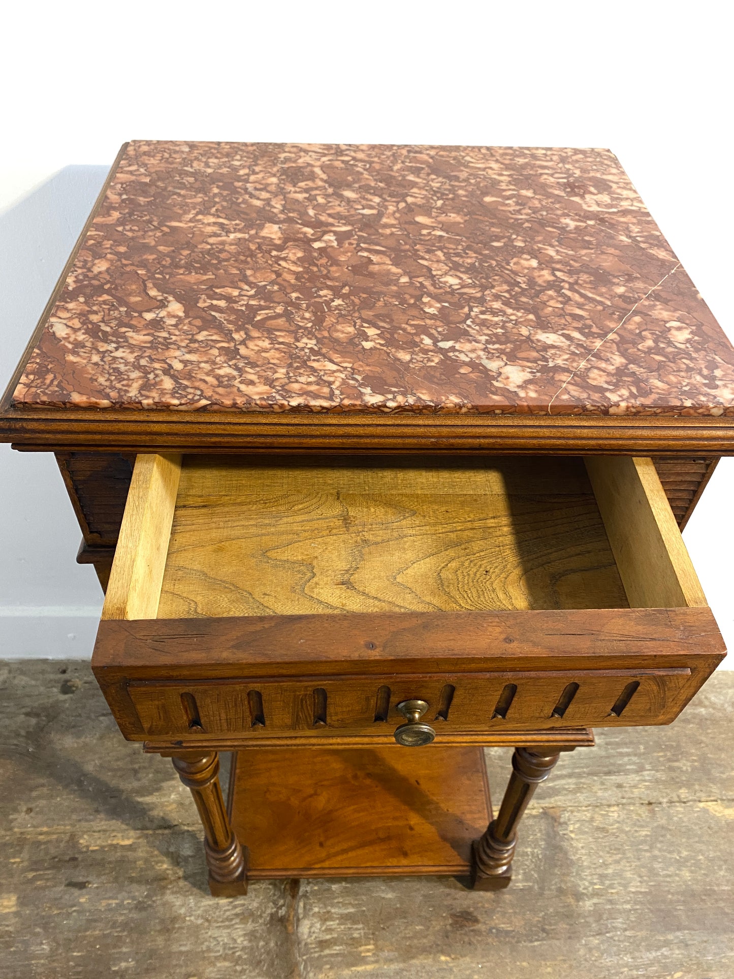 French Louis XVI Style Walnut Bedside Cabinet – Marble Top, 20th Century