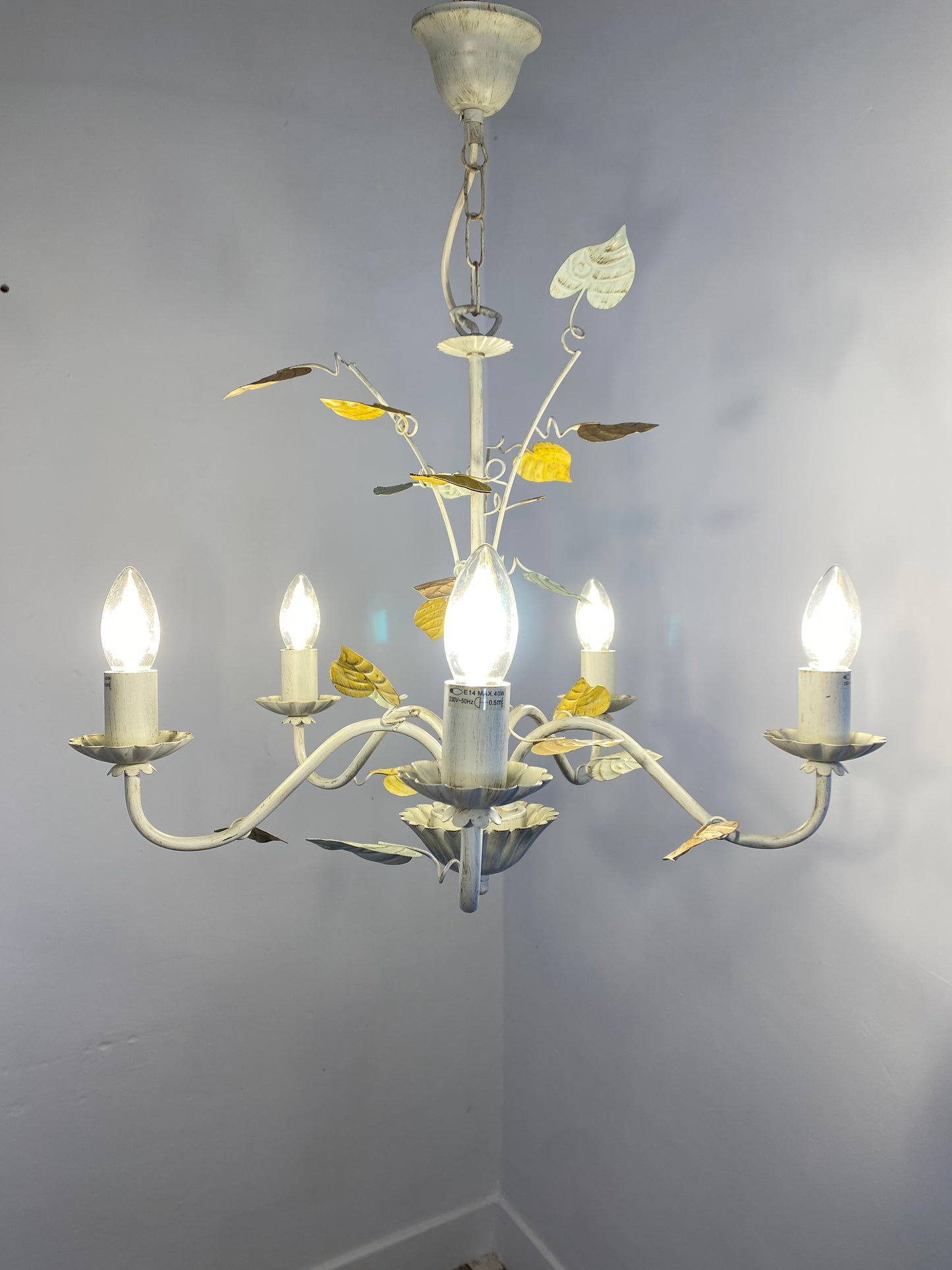 Vintage French Toleware Chandelier 5-Light Floral Leaf Shabby Chic Lighting