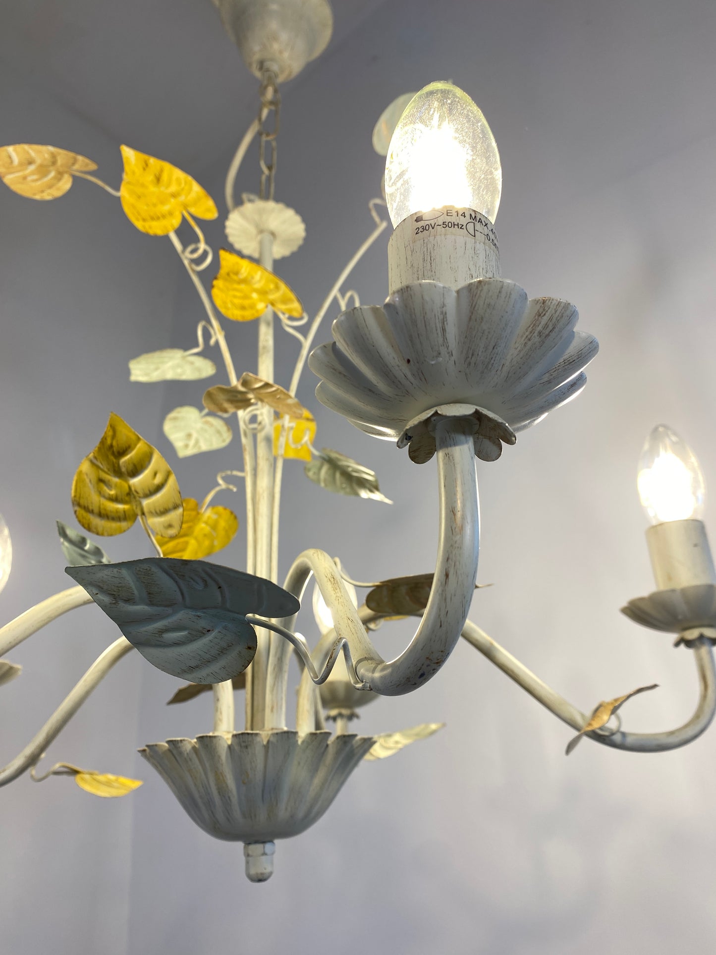 Vintage French Toleware Chandelier 5-Light Floral Leaf Shabby Chic Lighting