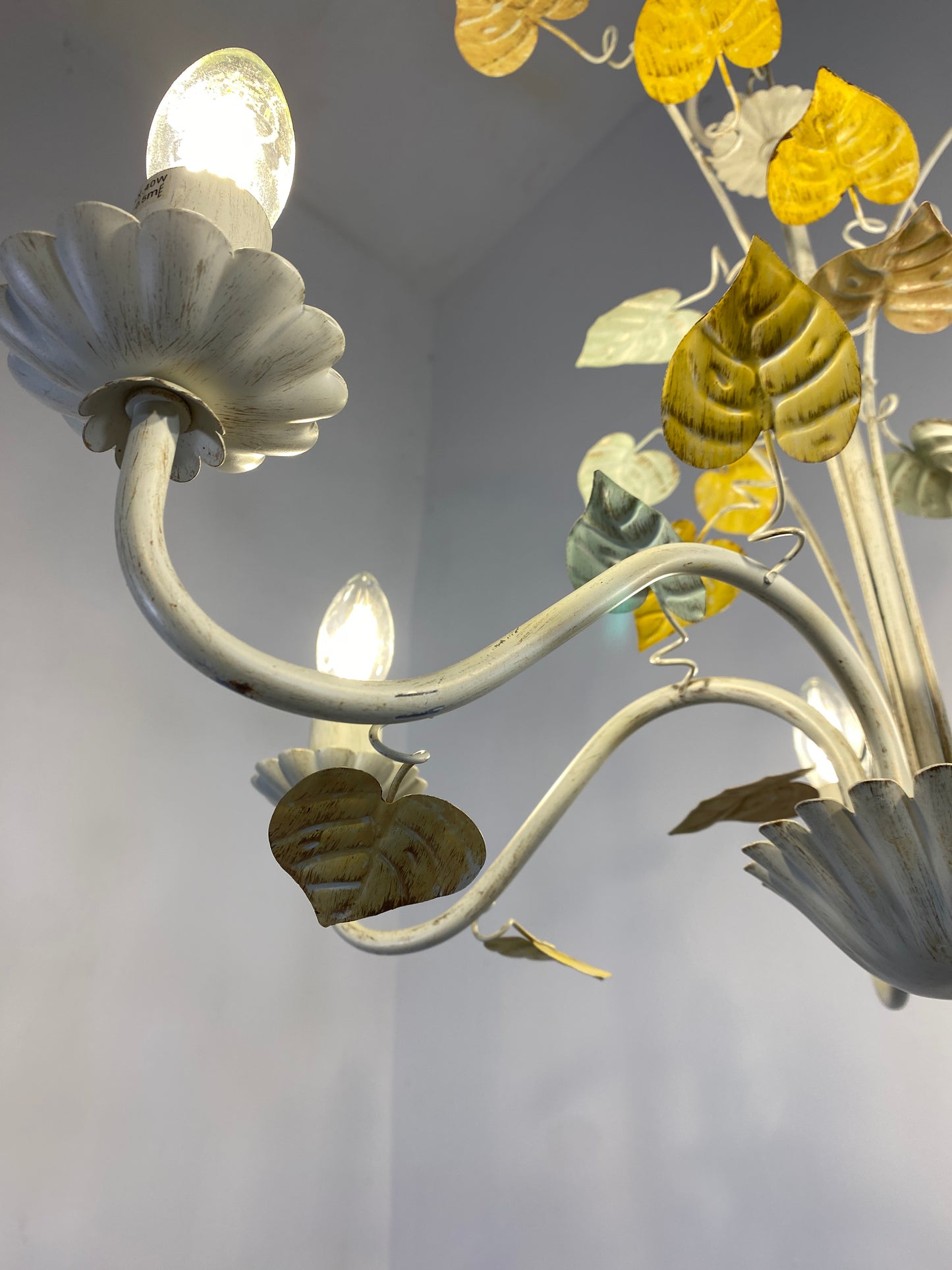 Vintage French Toleware Chandelier 5-Light Floral Leaf Shabby Chic Lighting