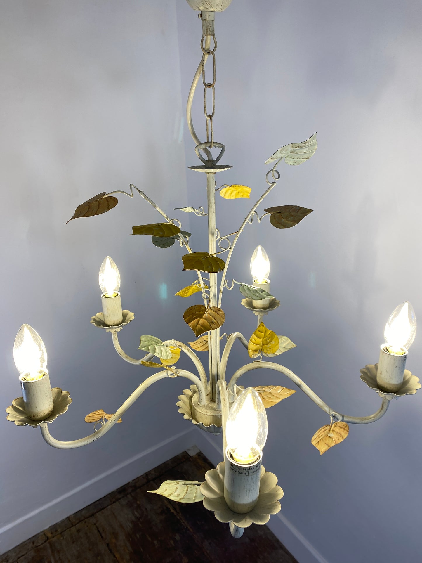 Vintage French Toleware Chandelier 5-Light Floral Leaf Shabby Chic Lighting