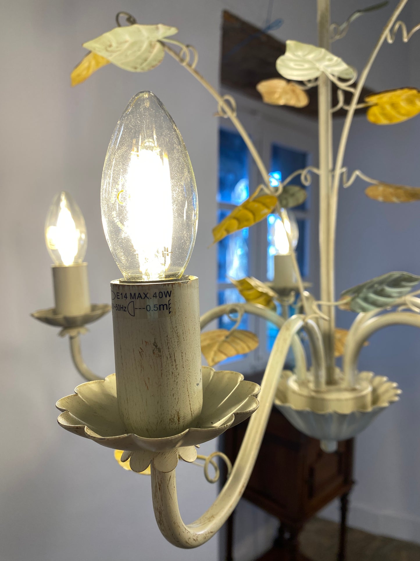 Vintage French Toleware Chandelier 5-Light Floral Leaf Shabby Chic Lighting