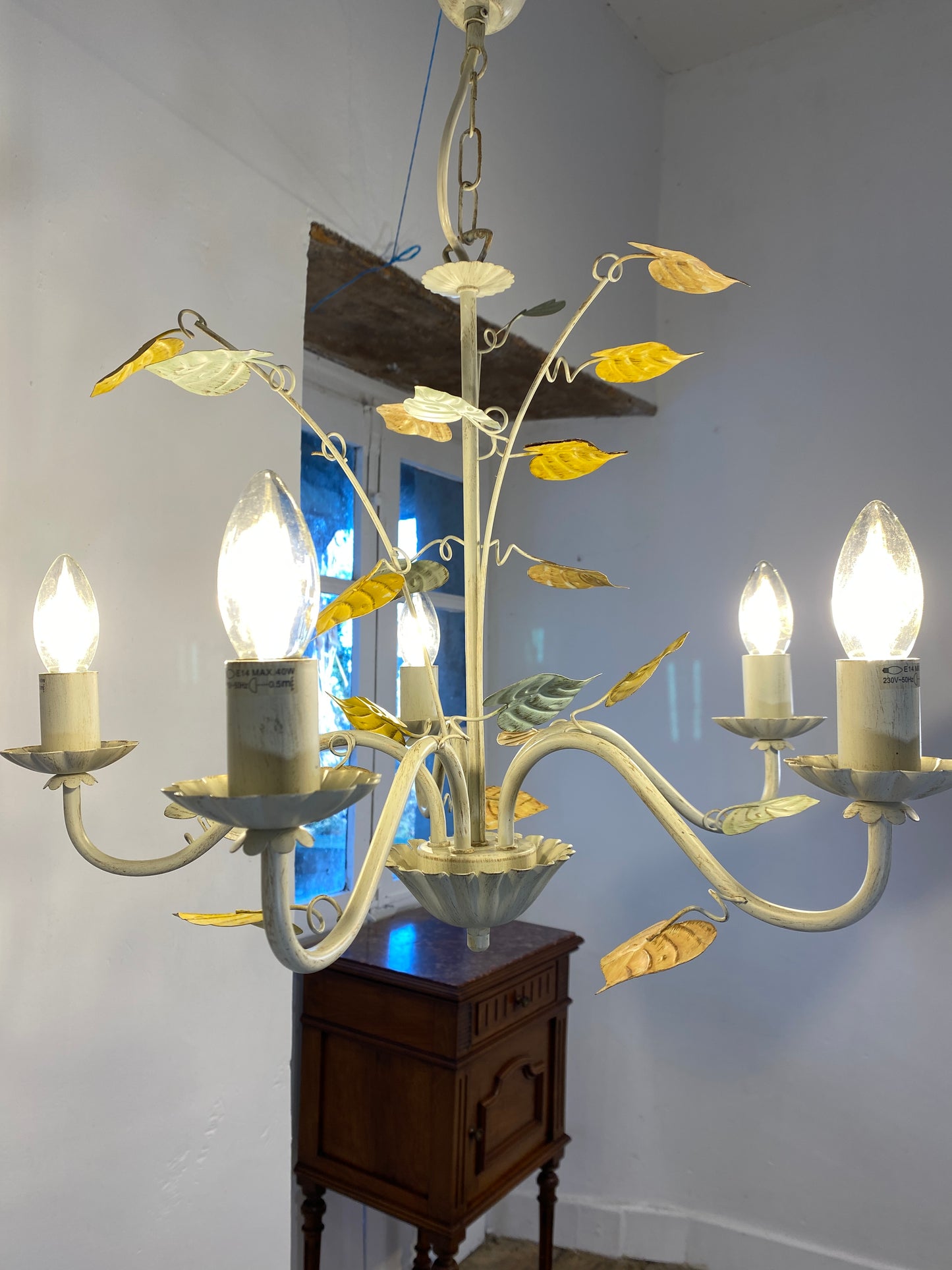 Vintage French Toleware Chandelier 5-Light Floral Leaf Shabby Chic Lighting