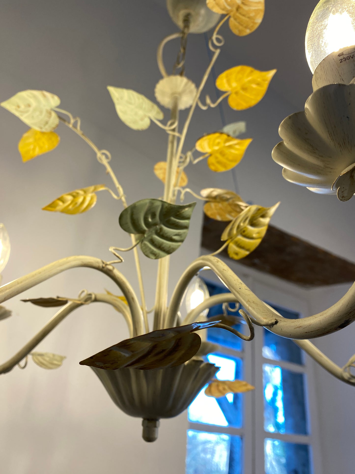 Vintage French Toleware Chandelier 5-Light Floral Leaf Shabby Chic Lighting