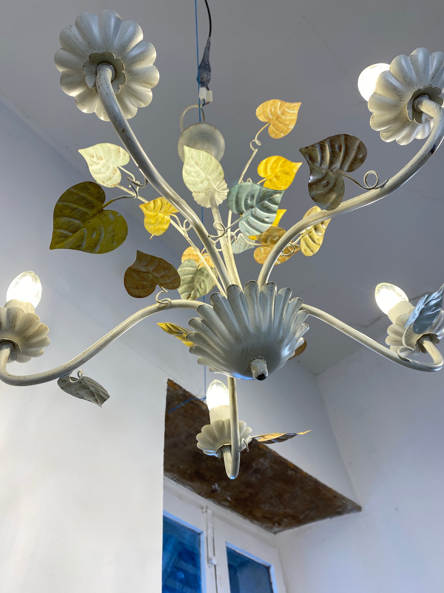 Vintage French Toleware Chandelier 5-Light Floral Leaf Shabby Chic Lighting