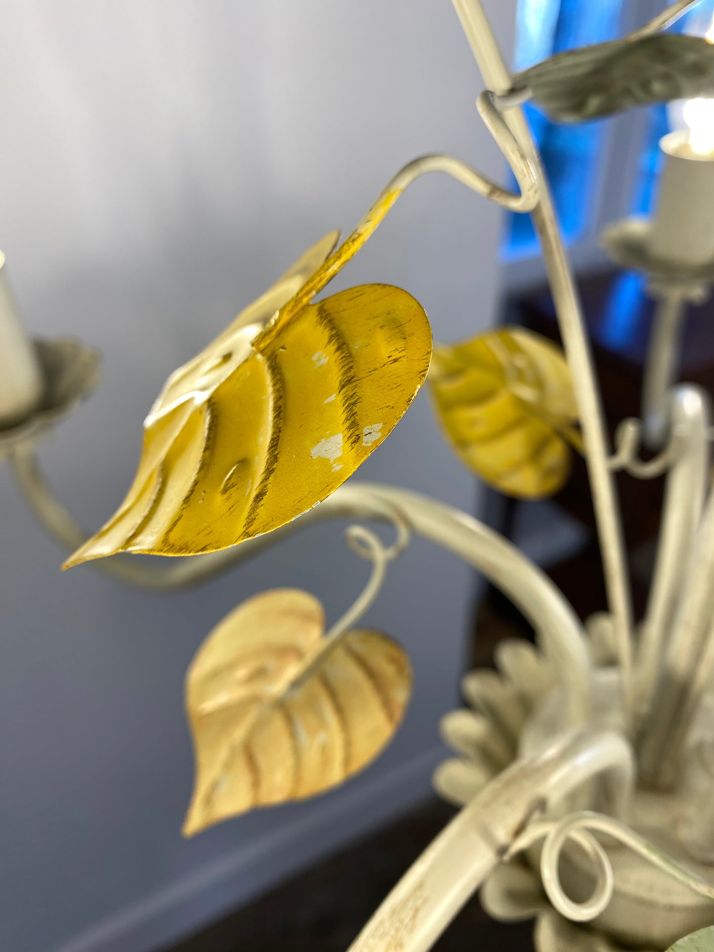 Vintage French Toleware Chandelier 5-Light Floral Leaf Shabby Chic Lighting