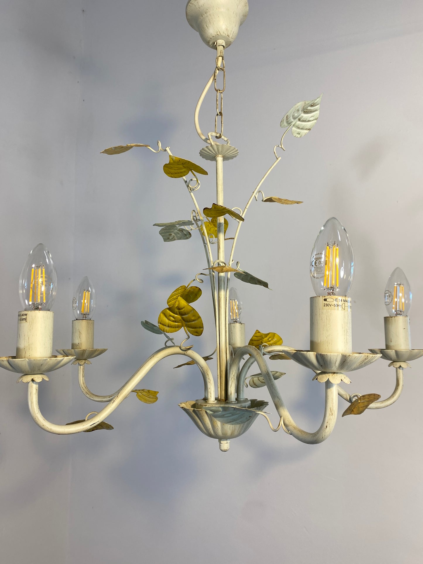Vintage French Toleware Chandelier 5-Light Floral Leaf Shabby Chic Lighting