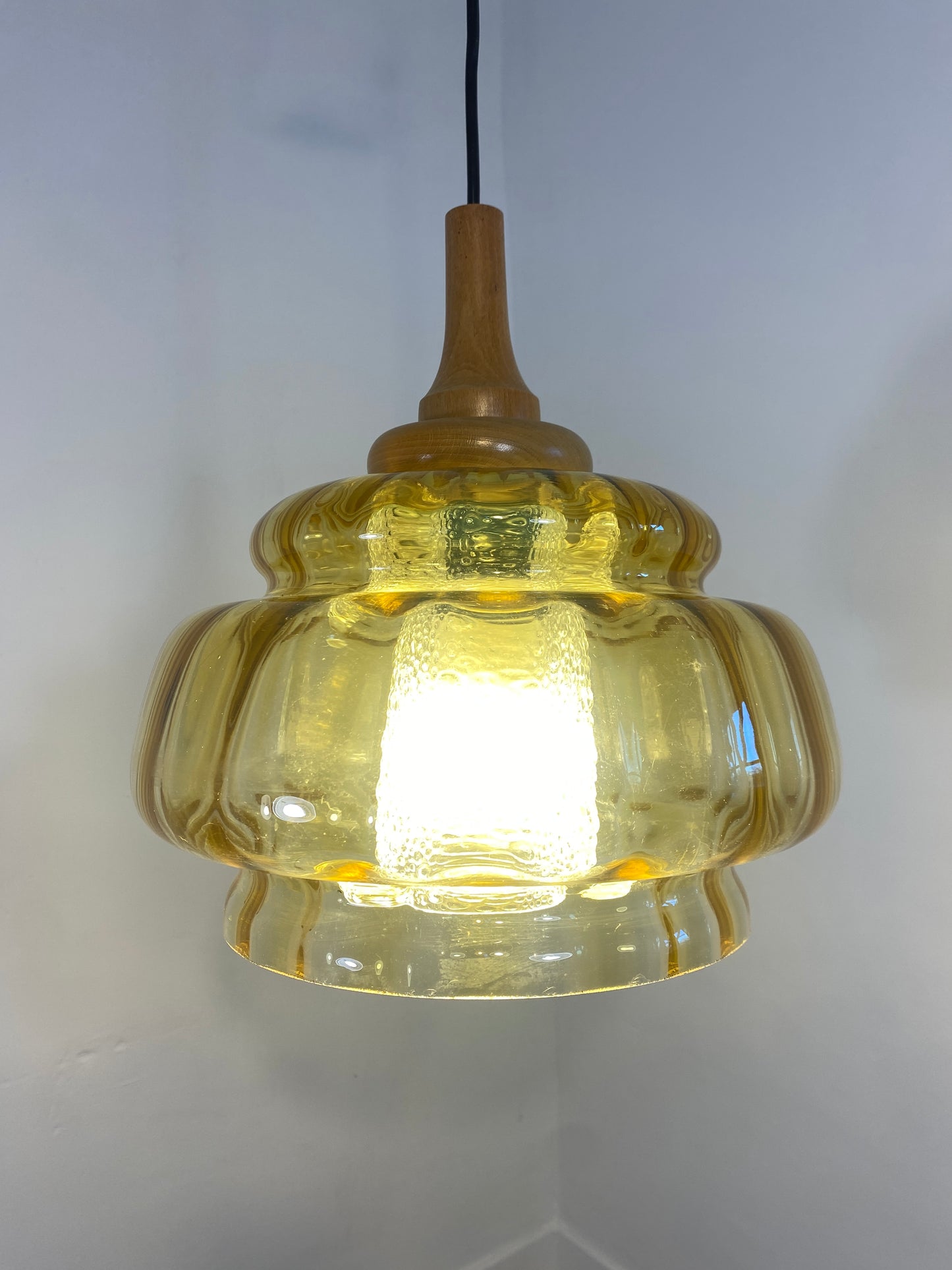 Vintage French Mid-Century Amber Glass Pendant Light/ Retro Ceiling Lamp