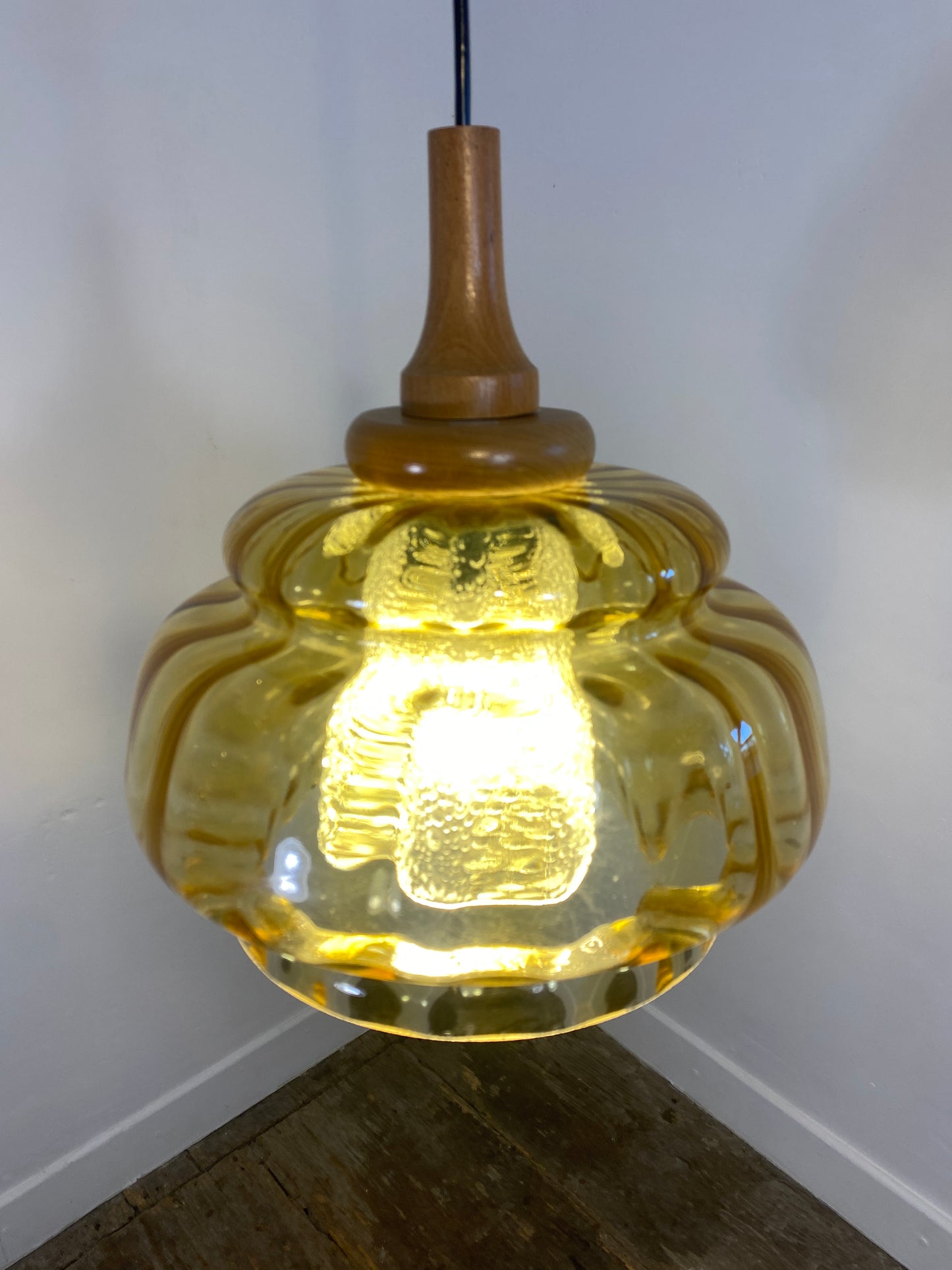 Vintage French Mid-Century Amber Glass Pendant Light/ Retro Ceiling Lamp