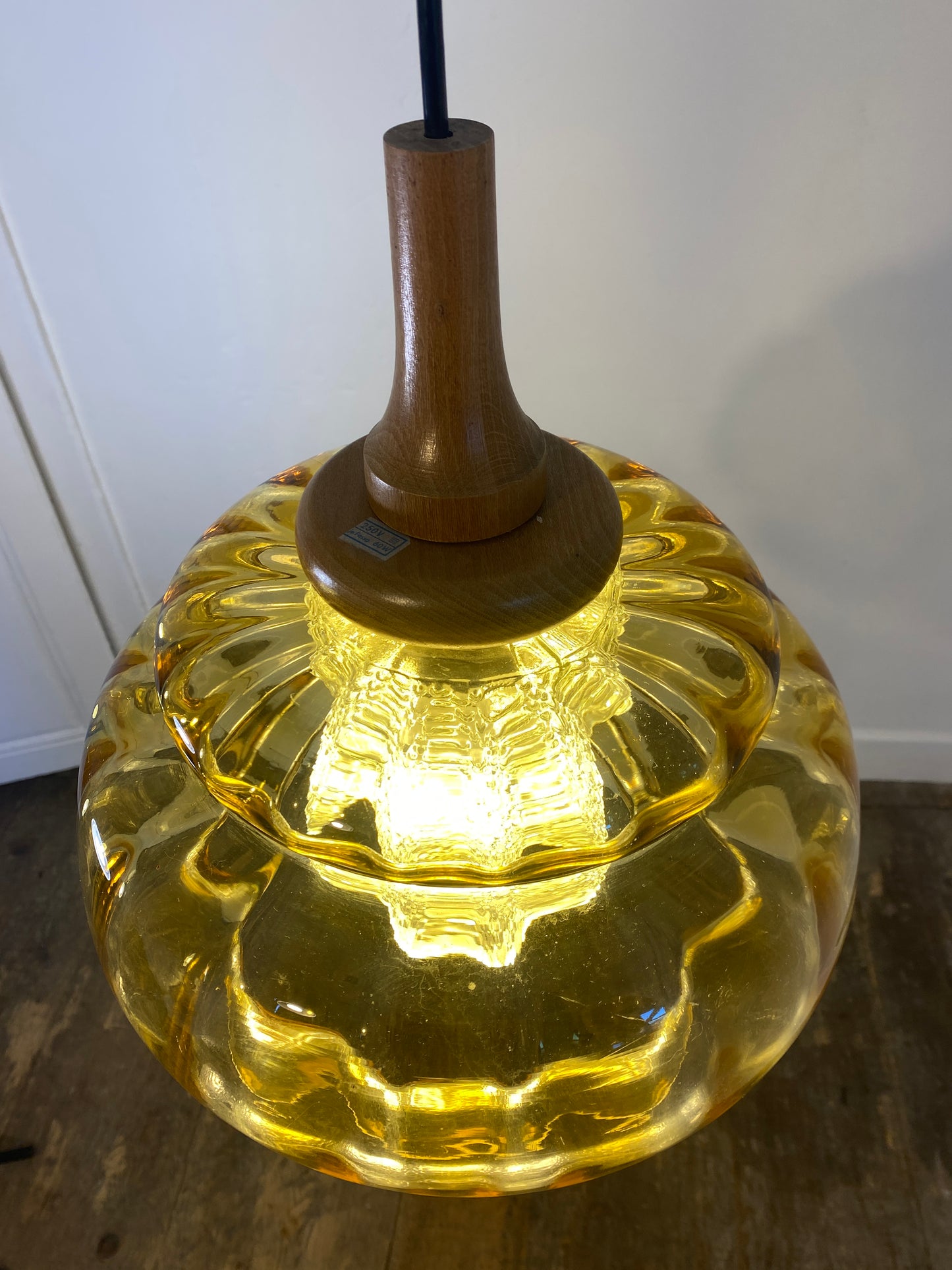 Vintage French Mid-Century Amber Glass Pendant Light/ Retro Ceiling Lamp