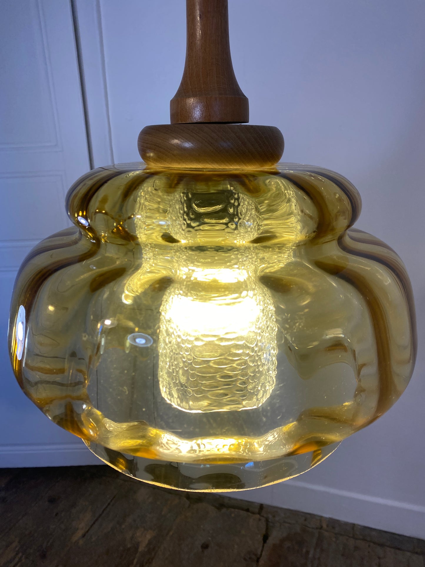 Vintage French Mid-Century Amber Glass Pendant Light/ Retro Ceiling Lamp