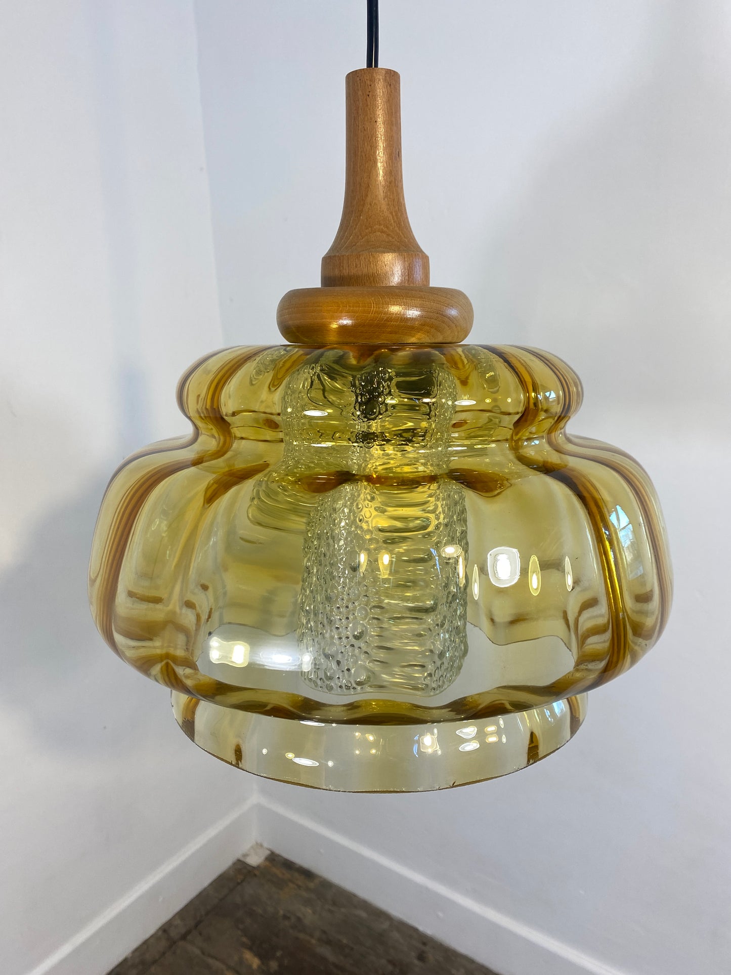 Vintage French Mid-Century Amber Glass Pendant Light/ Retro Ceiling Lamp