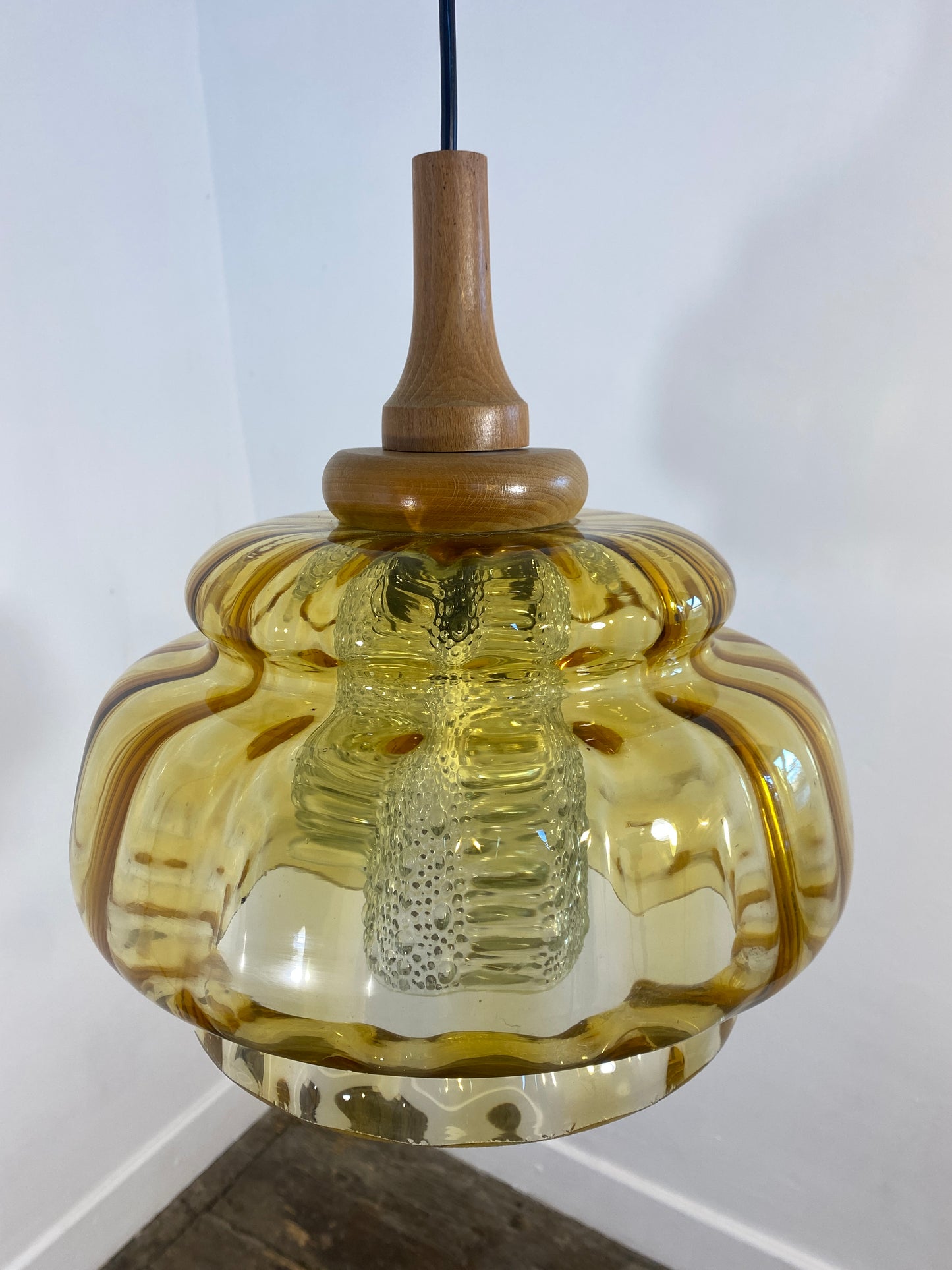 Vintage French Mid-Century Amber Glass Pendant Light/ Retro Ceiling Lamp