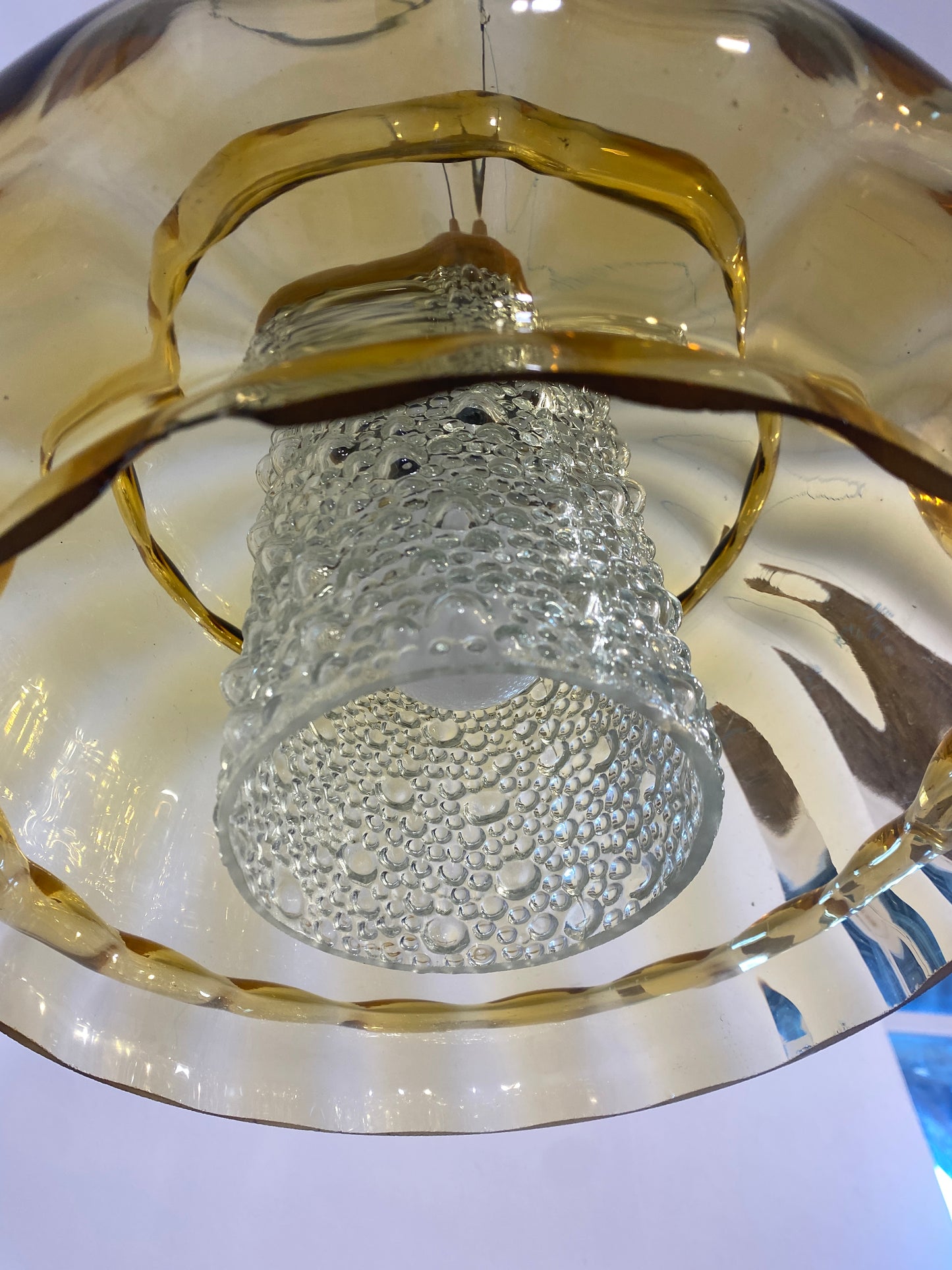 Vintage French Mid-Century Amber Glass Pendant Light/ Retro Ceiling Lamp