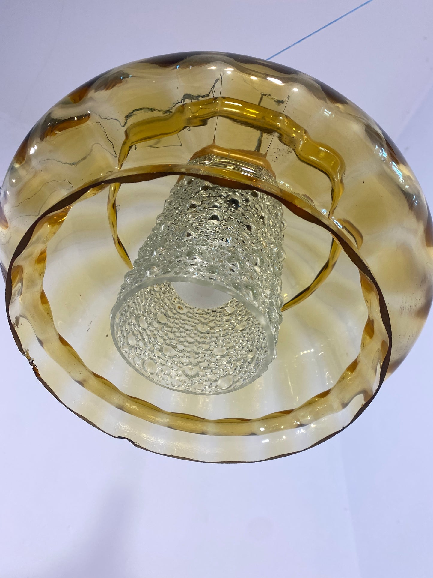 Vintage French Mid-Century Amber Glass Pendant Light/ Retro Ceiling Lamp