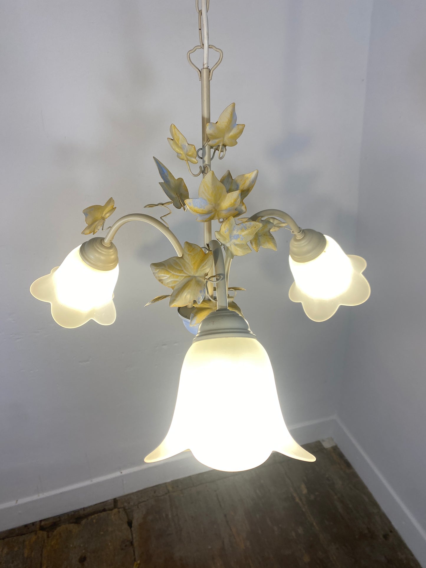 Vintage French Toleware Chandelier Frosted Glass Floral Ivy Shabby Chic 3-Light