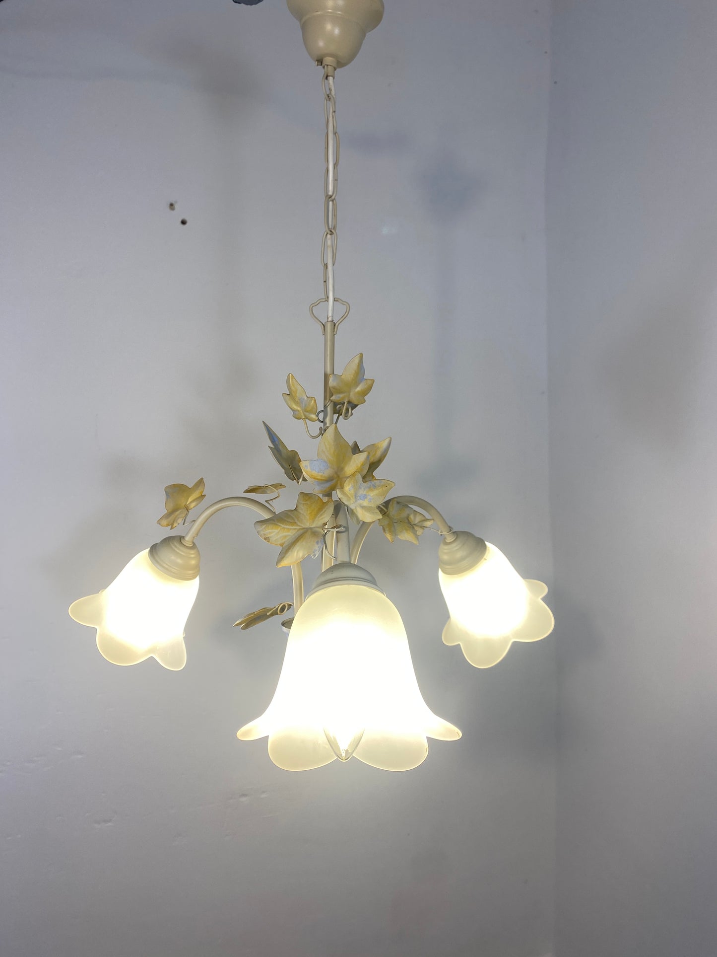 Vintage French Toleware Chandelier Frosted Glass Floral Ivy Shabby Chic 3-Light