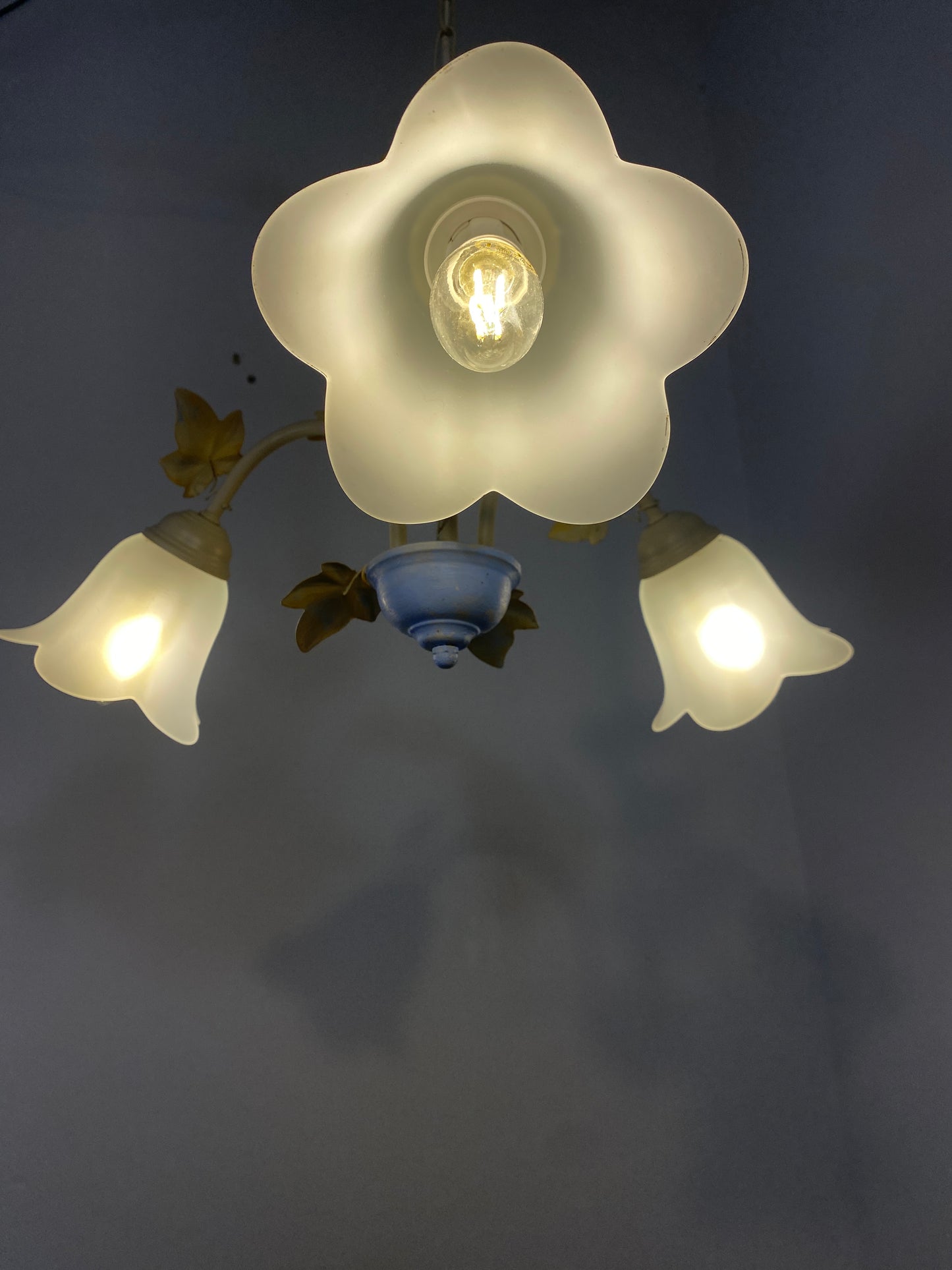 Vintage French Toleware Chandelier Frosted Glass Floral Ivy Shabby Chic 3-Light