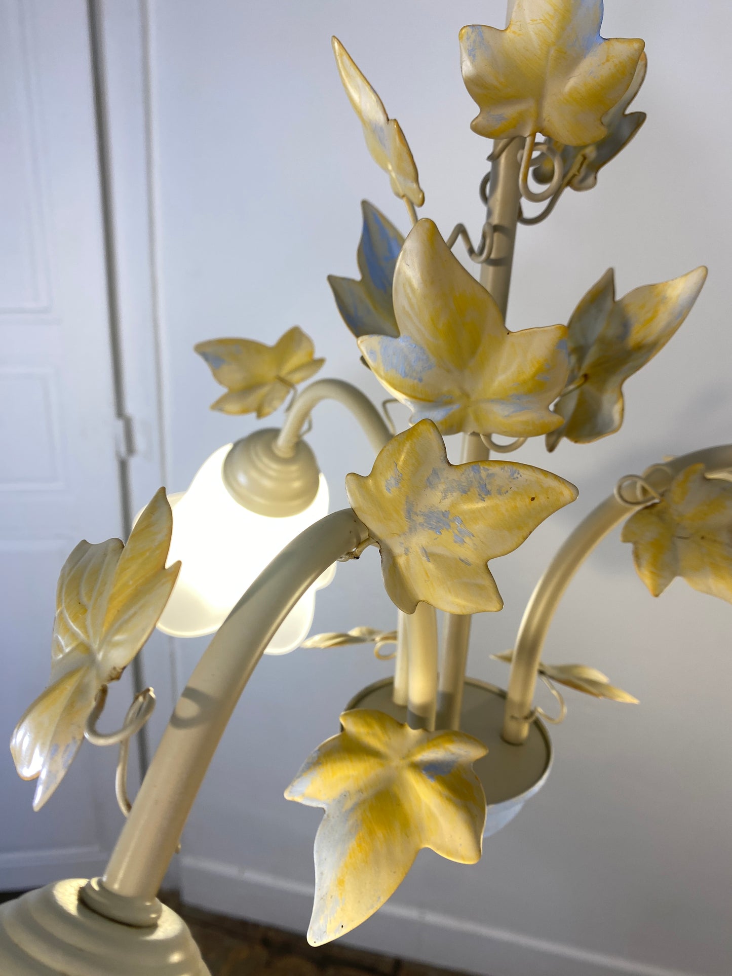 Vintage French Toleware Chandelier Frosted Glass Floral Ivy Shabby Chic 3-Light