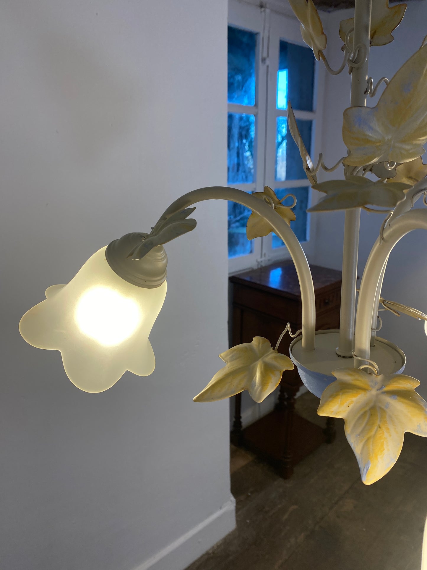 Vintage French Toleware Chandelier Frosted Glass Floral Ivy Shabby Chic 3-Light