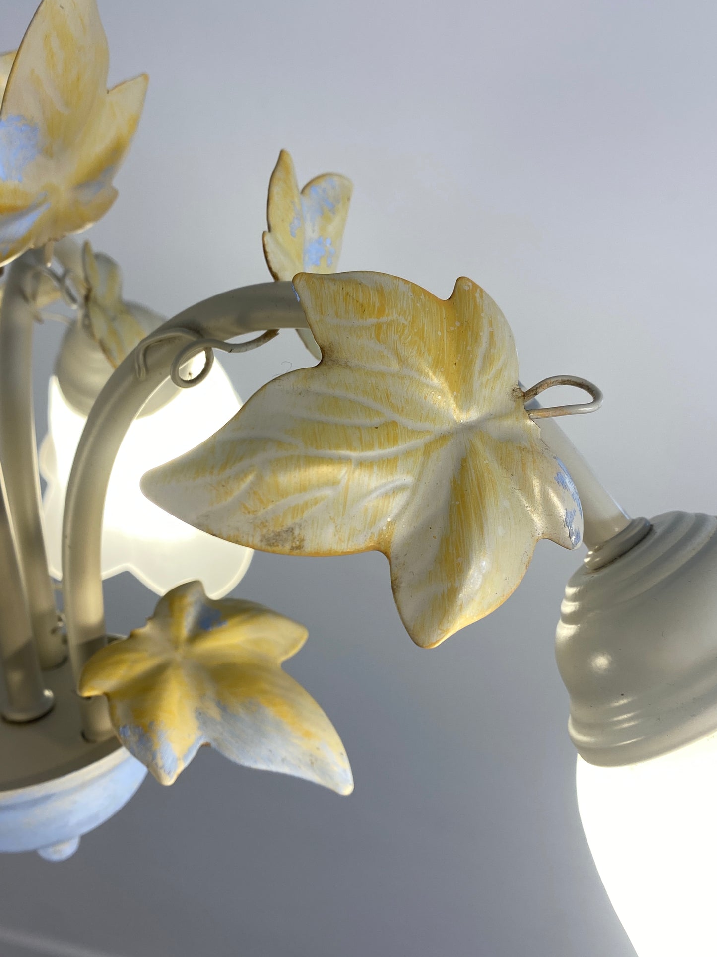Vintage French Toleware Chandelier Frosted Glass Floral Ivy Shabby Chic 3-Light