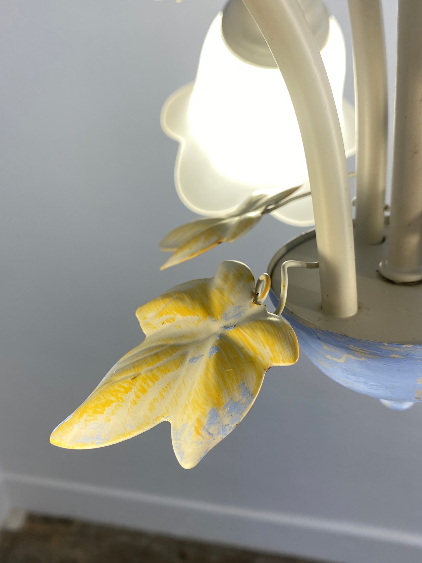 Vintage French Toleware Chandelier Frosted Glass Floral Ivy Shabby Chic 3-Light