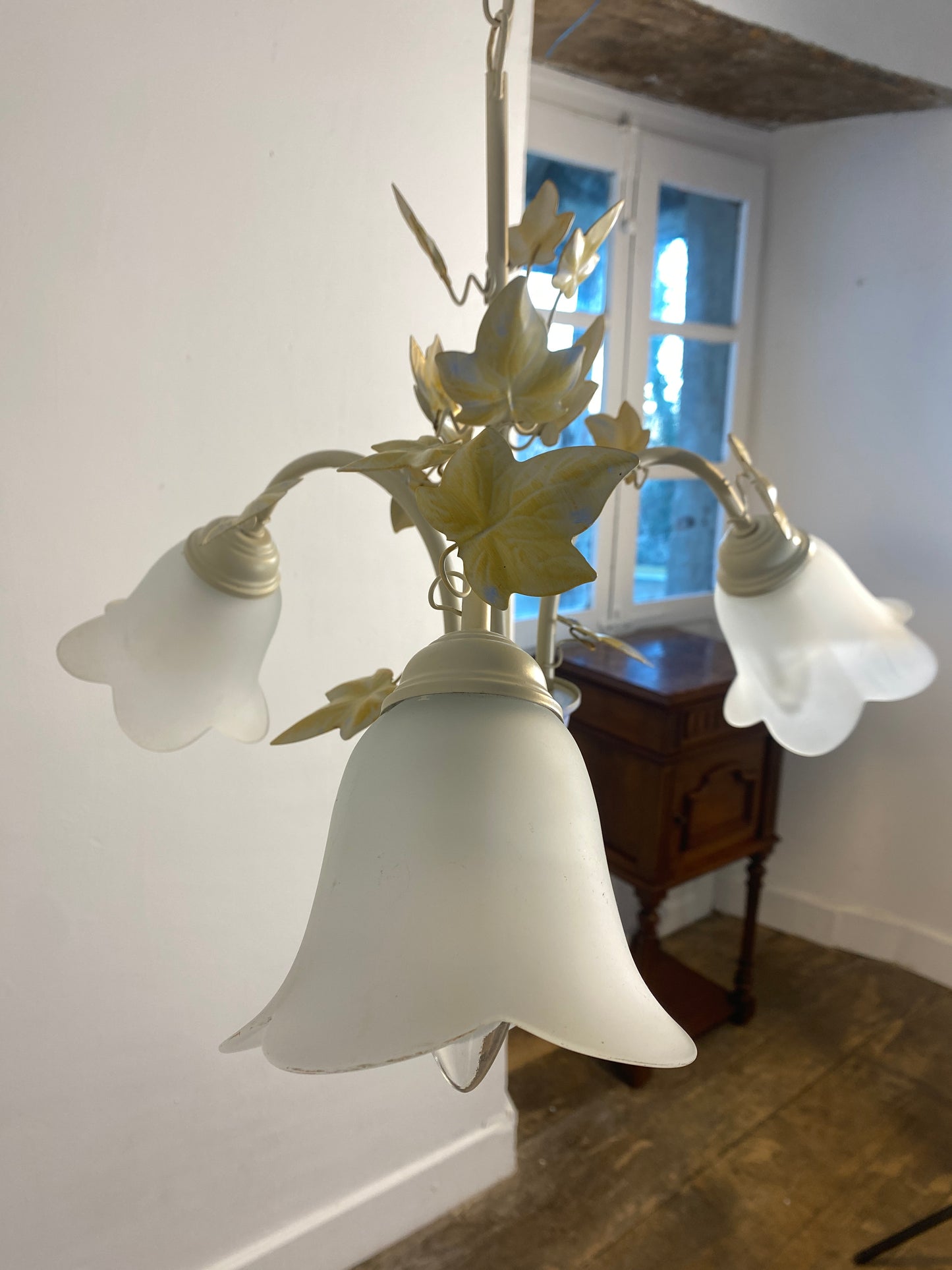 Vintage French Toleware Chandelier Frosted Glass Floral Ivy Shabby Chic 3-Light